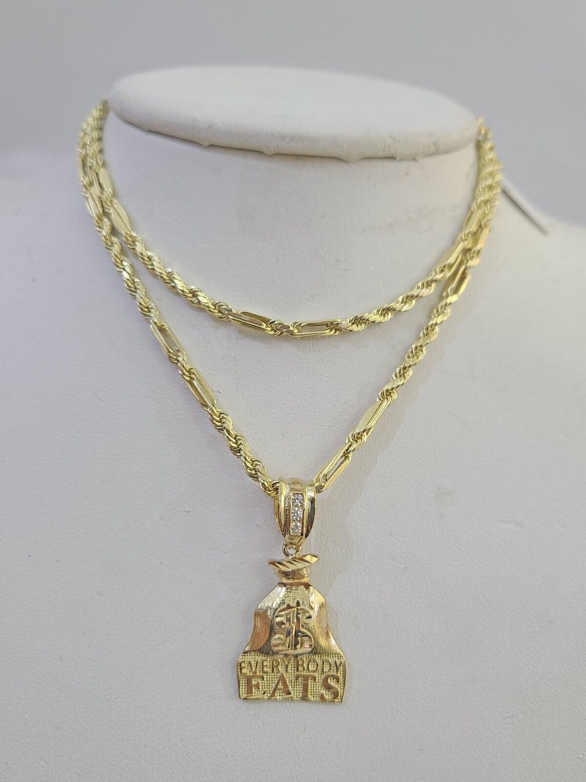 10k Milano Rope Chain Money Bag Charm Necklace SET 3mm 18" 20" 22" 24" - GoldenlinQ