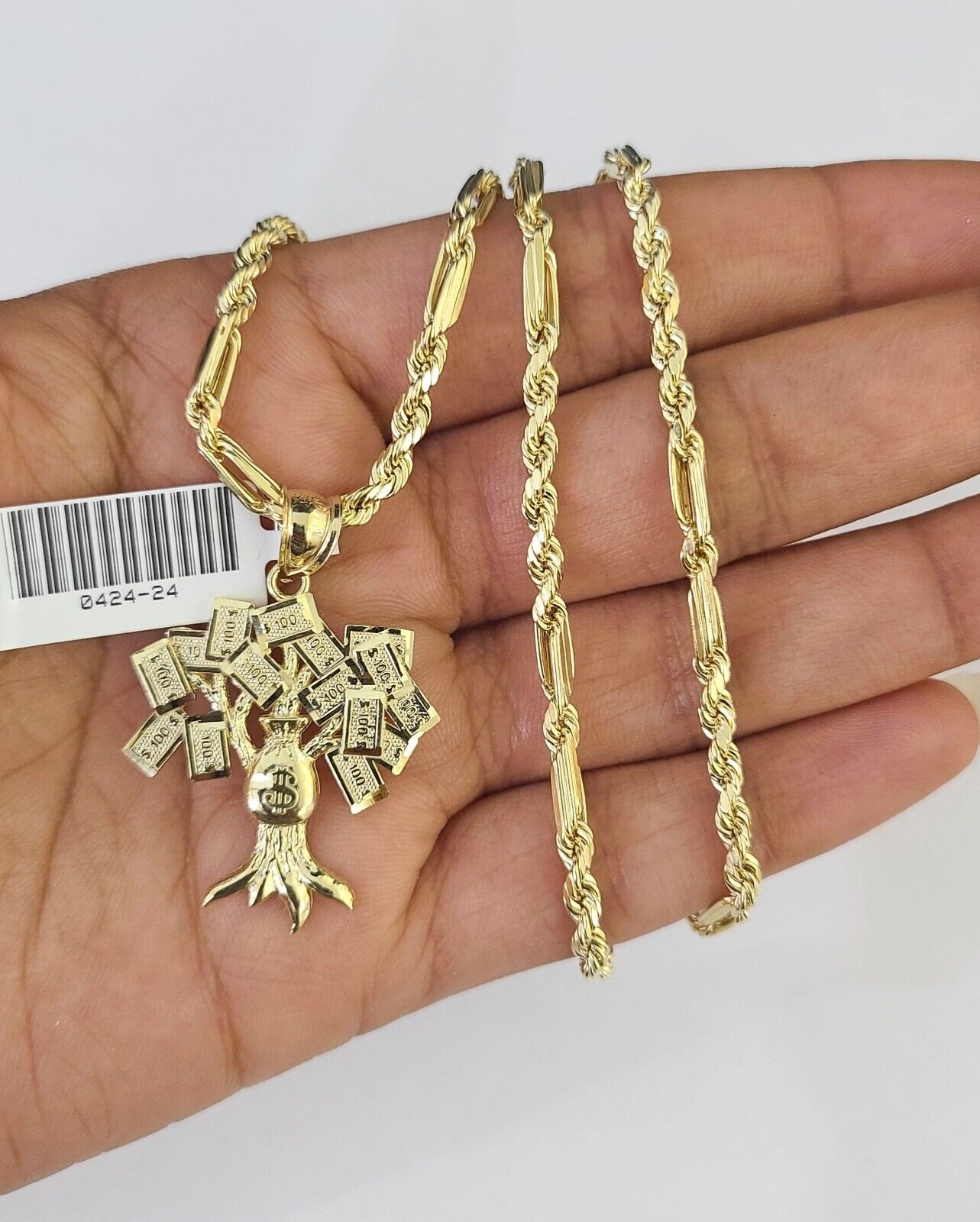 10k Milano Rope Chain Money Tree Charm Necklace SET 3mm 18" 20" 22" 24" - GoldenlinQ