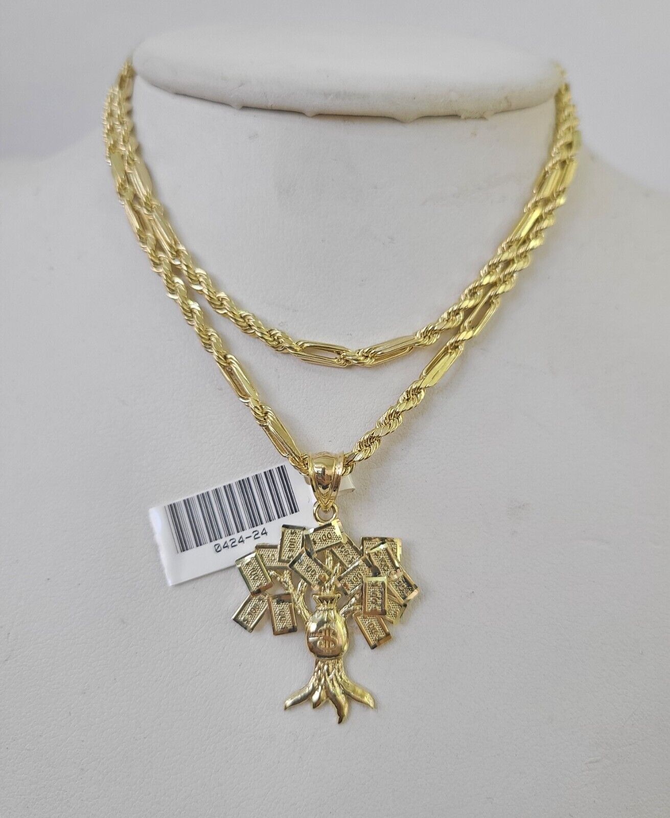 10k Milano Rope Chain Money Tree Charm Necklace SET 3mm 18" 20" 22" 24" - GoldenlinQ