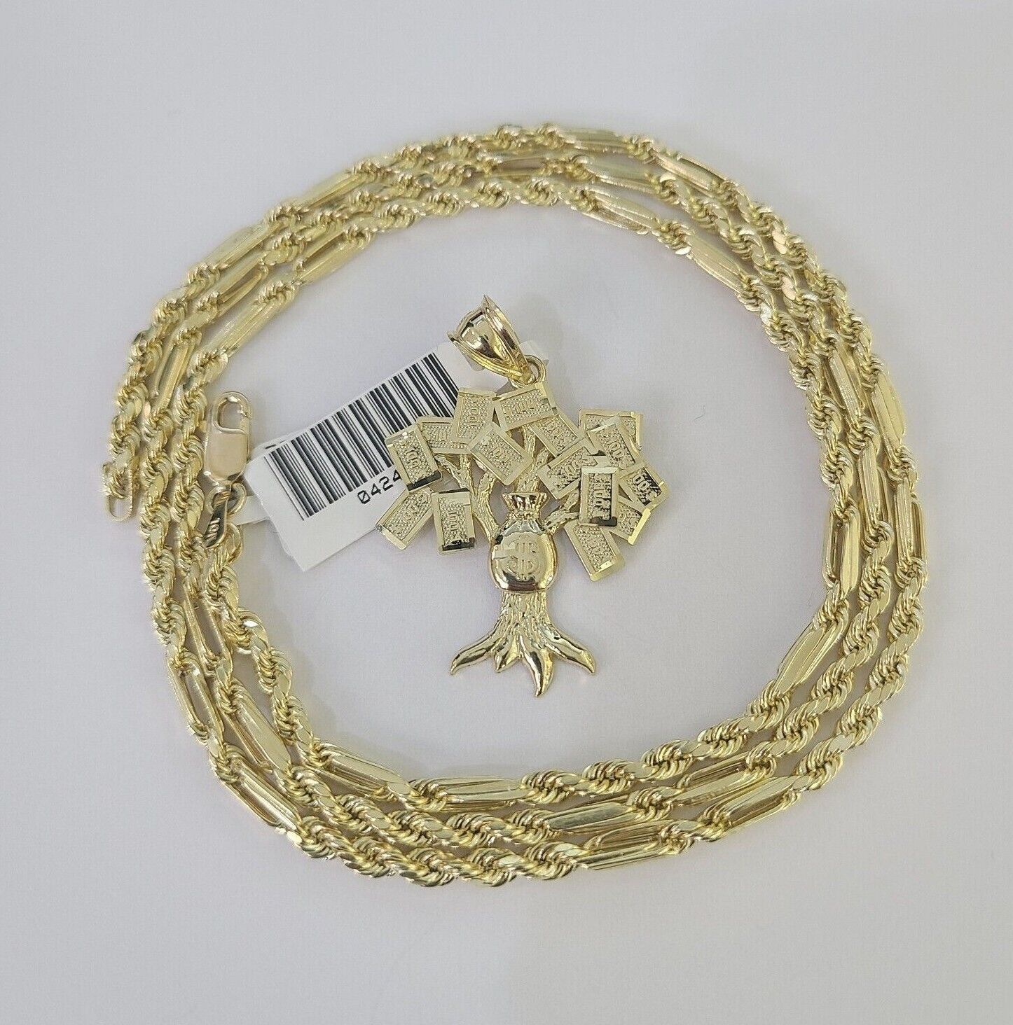 10k Milano Rope Chain Money Tree Charm Necklace SET 3mm 18" 20" 22" 24" - GoldenlinQ