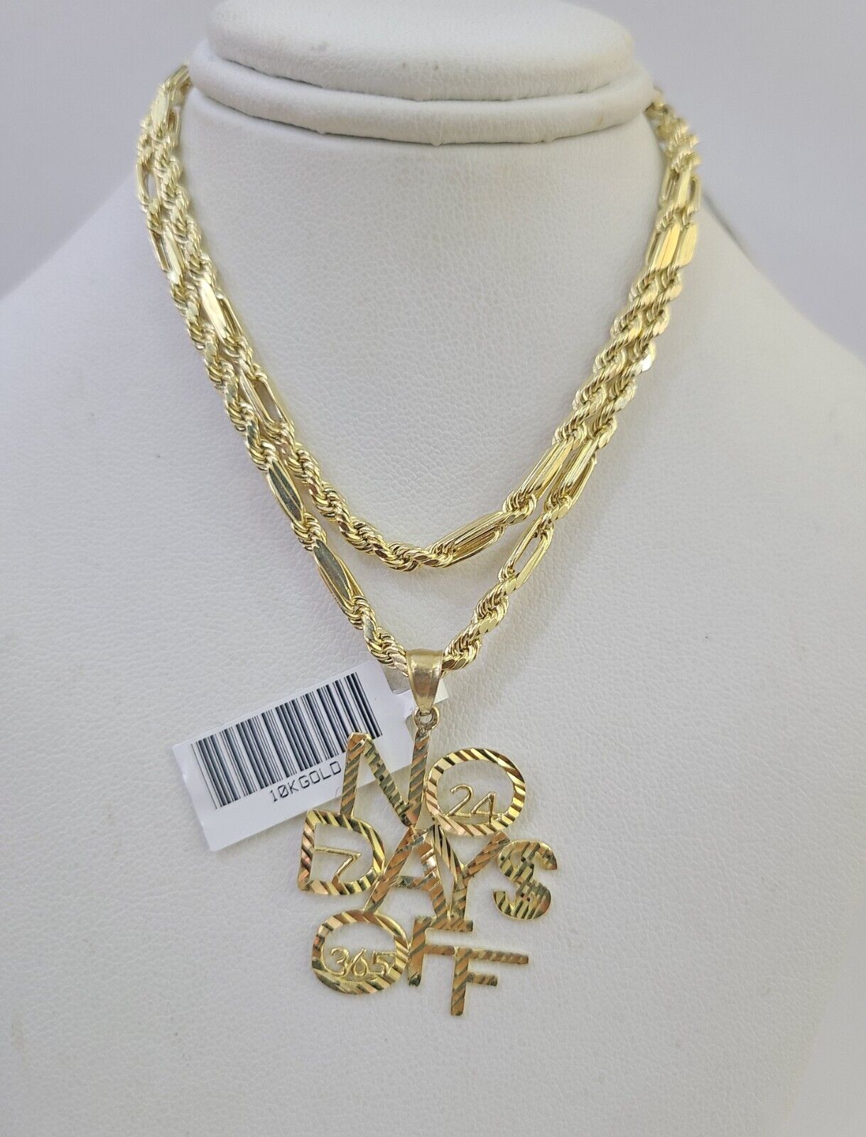 10k Milano Rope Chain No Days Off Charm Pendent Necklace SET 3mm 18" 20" 22" 24" - GoldenlinQ