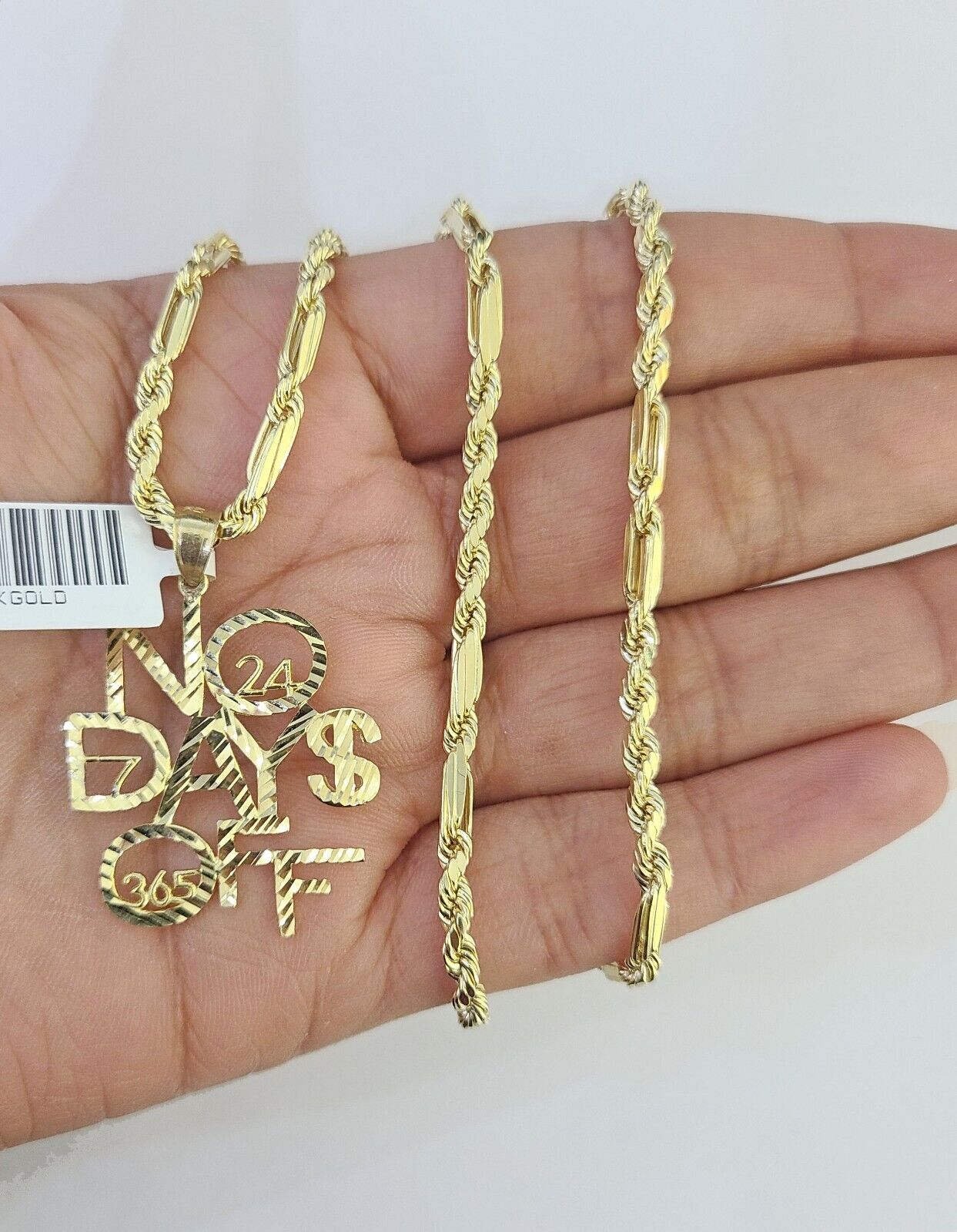 10k Milano Rope Chain No Days Off Charm Pendent Necklace SET 3mm 18" 20" 22" 24" - GoldenlinQ