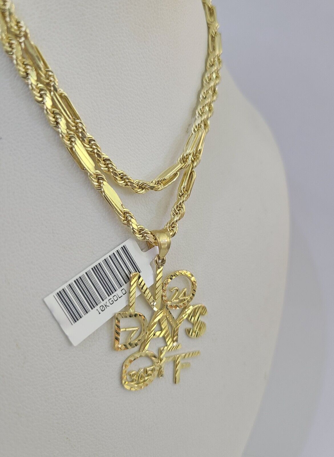 10k Milano Rope Chain No Days Off Charm Pendent Necklace SET 3mm 18" 20" 22" 24" - GoldenlinQ