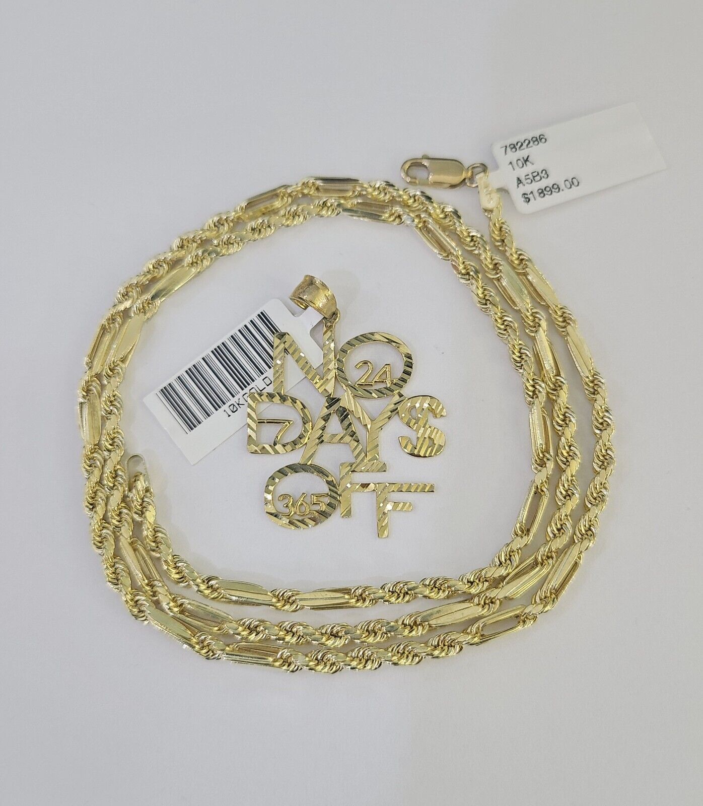 10k Milano Rope Chain No Days Off Charm Pendent Necklace SET 3mm 18" 20" 22" 24" - GoldenlinQ