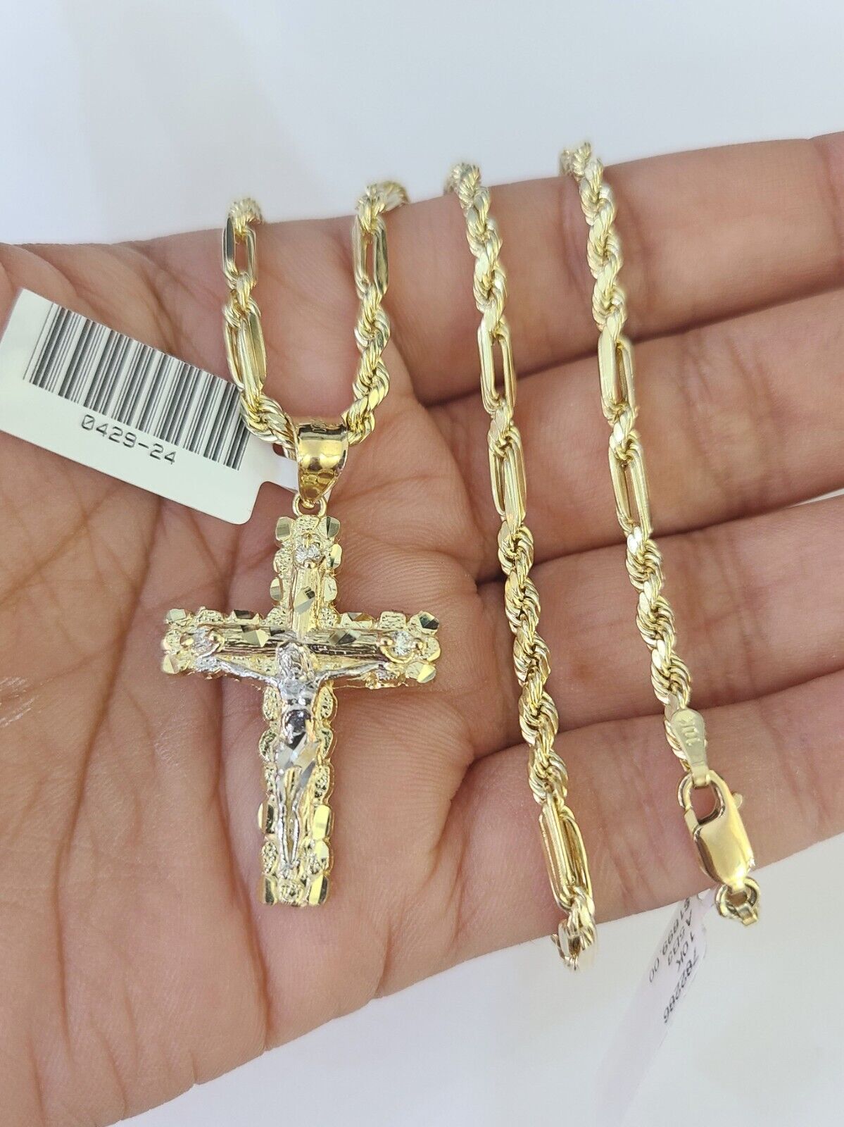 10k Milano Rope Chain Nugget Cross Charm Necklace SET 3mm 18" 20" 22" 24 Pendent - GoldenlinQ