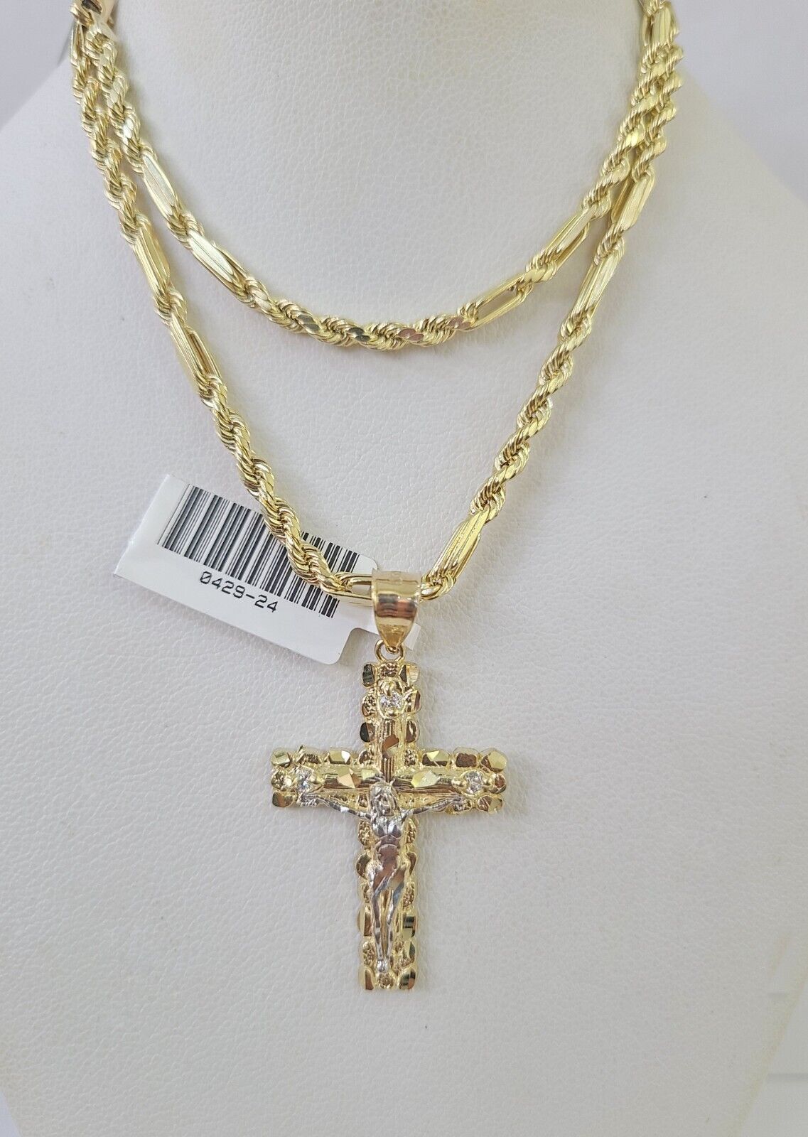 10k Milano Rope Chain Nugget Cross Charm Necklace SET 3mm 18" 20" 22" 24 Pendent - GoldenlinQ