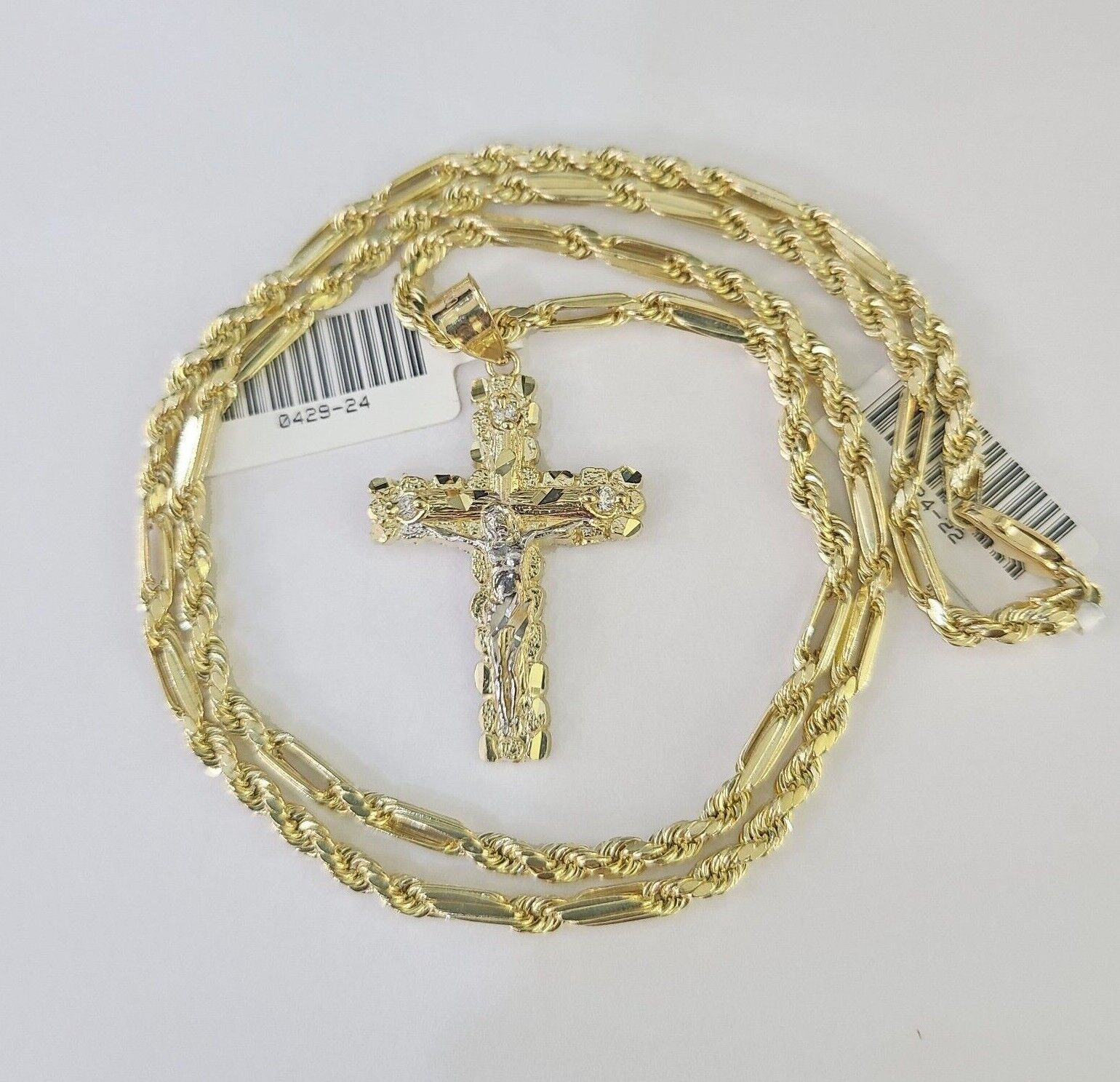 10k Milano Rope Chain Nugget Cross Charm Necklace SET 3mm 18" 20" 22" 24 Pendent - GoldenlinQ