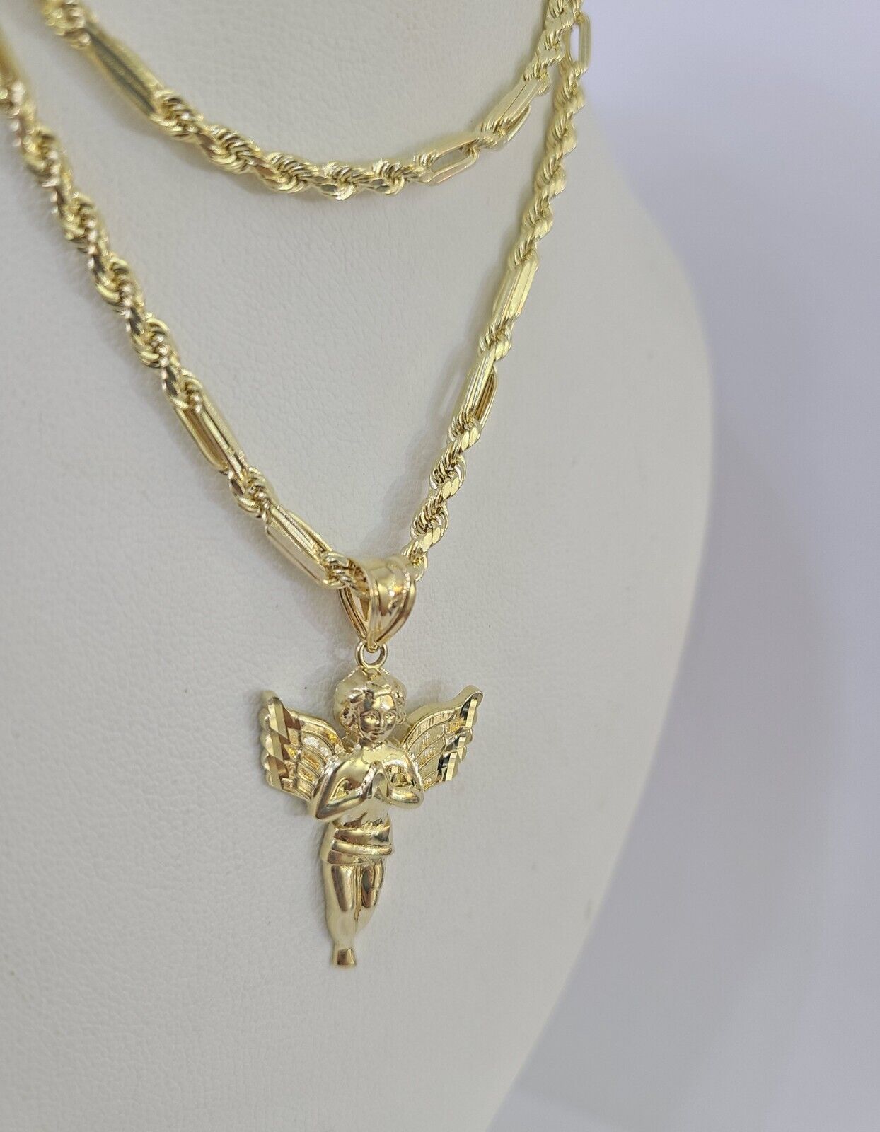 10k Milano Rope Chain Praying Angel Charm Necklace SET 3mm 18" - 26" Pendant - GoldenlinQ