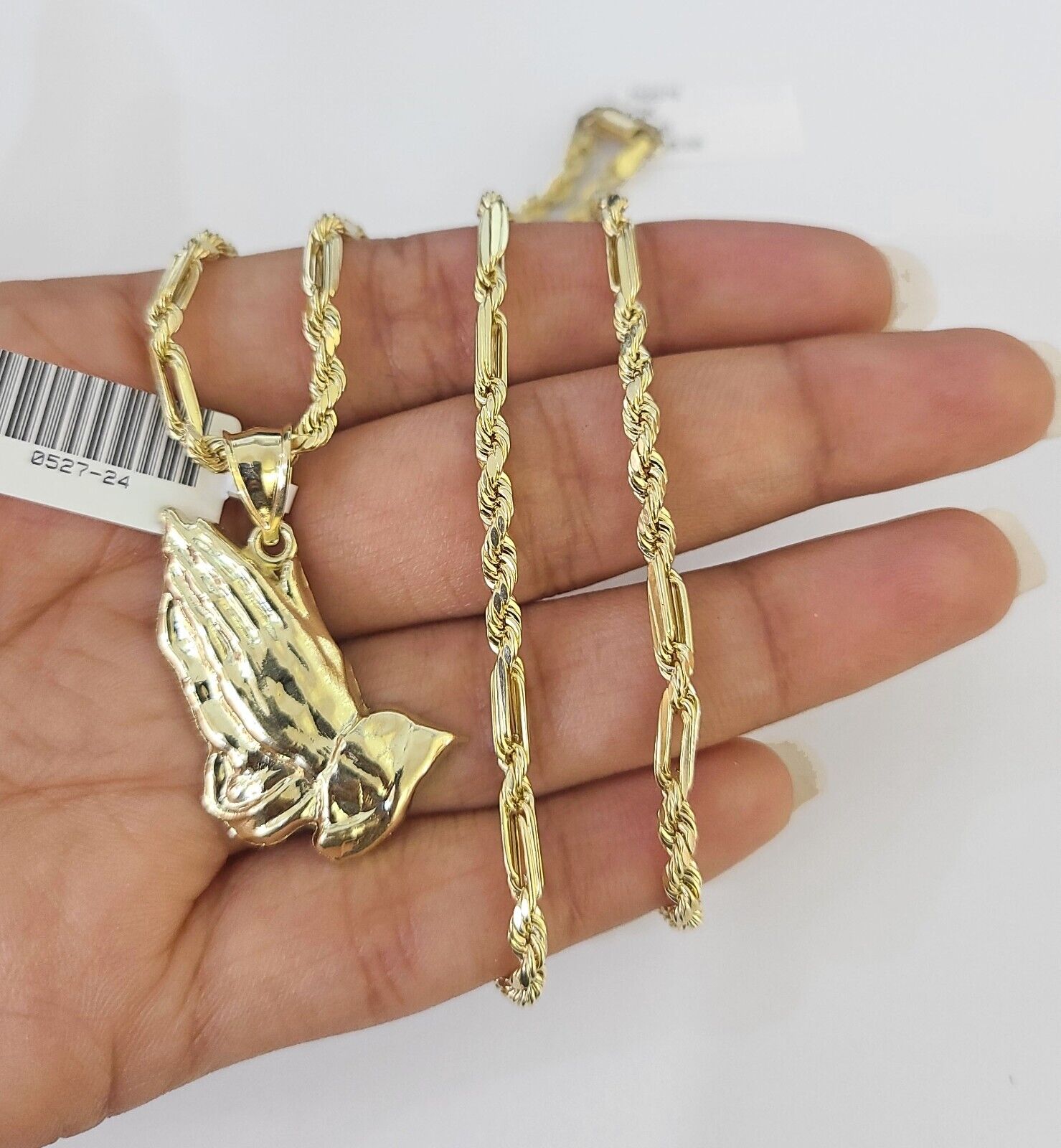 10k Milano Rope Chain Praying Hands Charm Necklace SET 3mm 18" 20" 22" 24" - GoldenlinQ