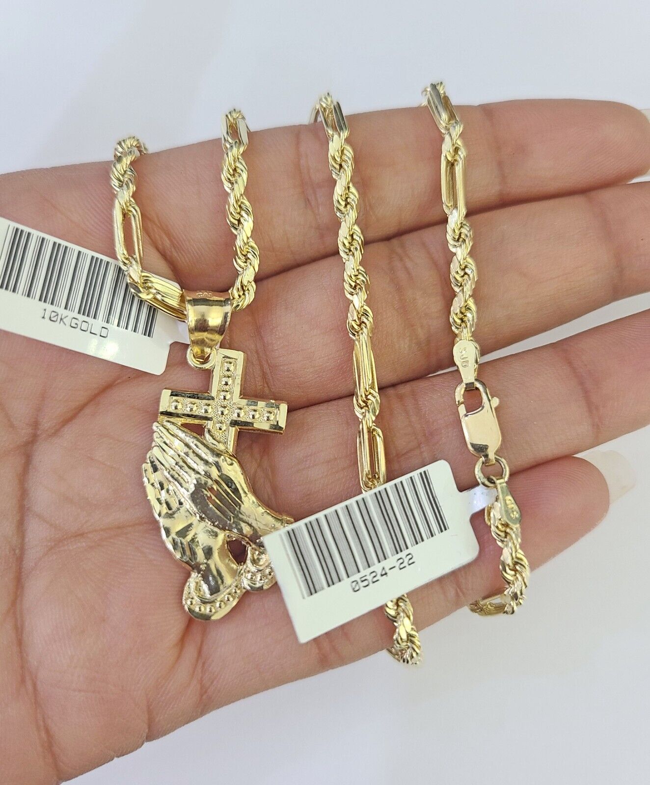 10k Milano Rope Chain Praying Hands Cross Charm Necklace SET 3mm 18" 20" 22" 24" - GoldenlinQ