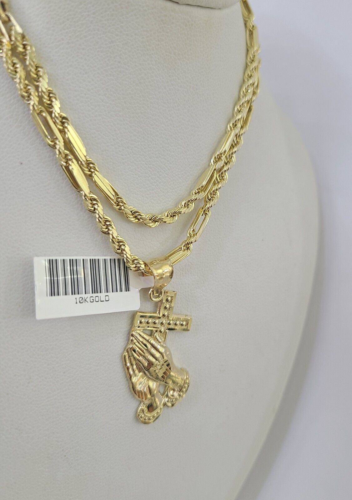 10k Milano Rope Chain Praying Hands Cross Charm Necklace SET 3mm 18" 20" 22" 24" - GoldenlinQ