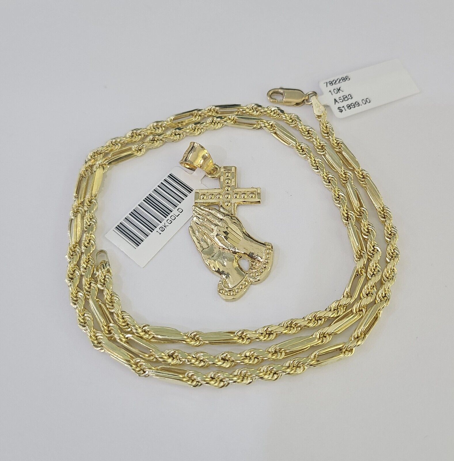 10k Milano Rope Chain Praying Hands Cross Charm Necklace SET 3mm 18" 20" 22" 24" - GoldenlinQ