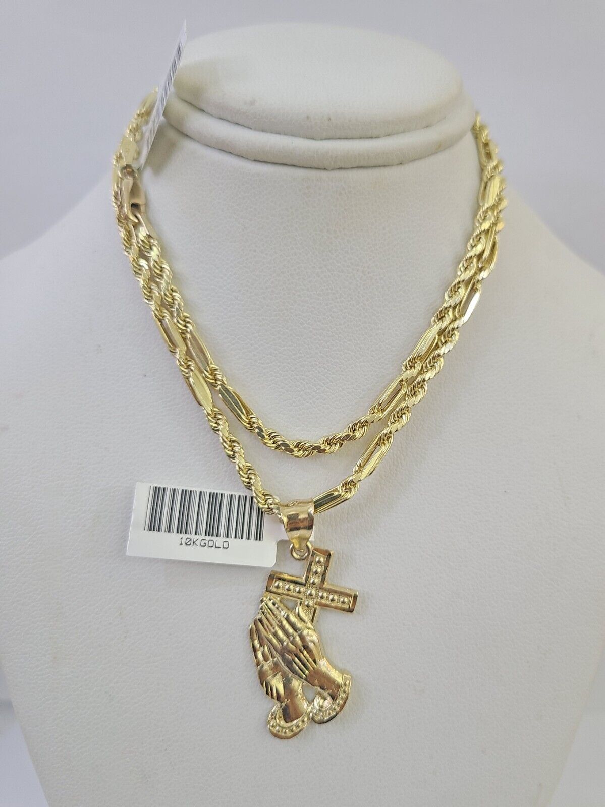 10k Milano Rope Chain Praying Hands Cross Charm Necklace SET 3mm 18" 20" 22" 24" - GoldenlinQ