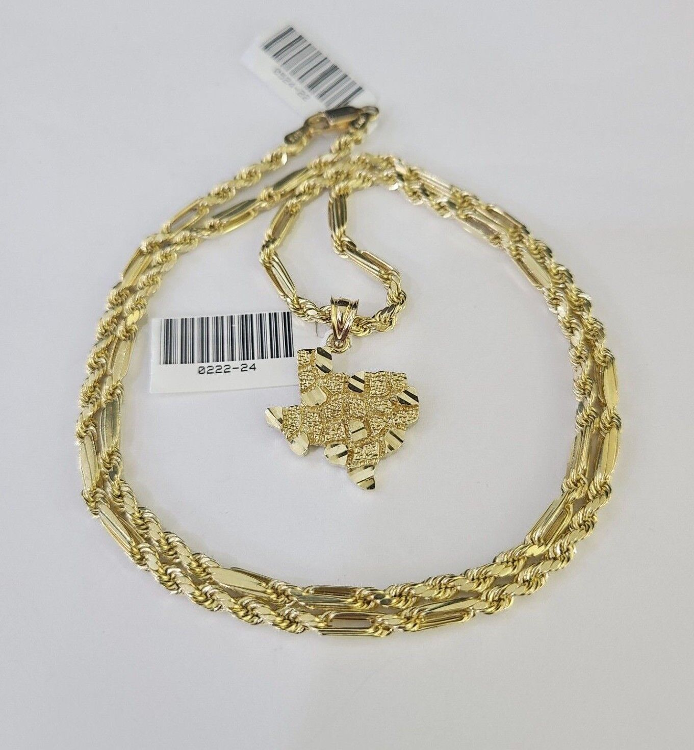 10k Milano Rope Chain Texas Nugget Charm Necklace SET 3mm 18" 20" 22" 24 Pendant - GoldenlinQ