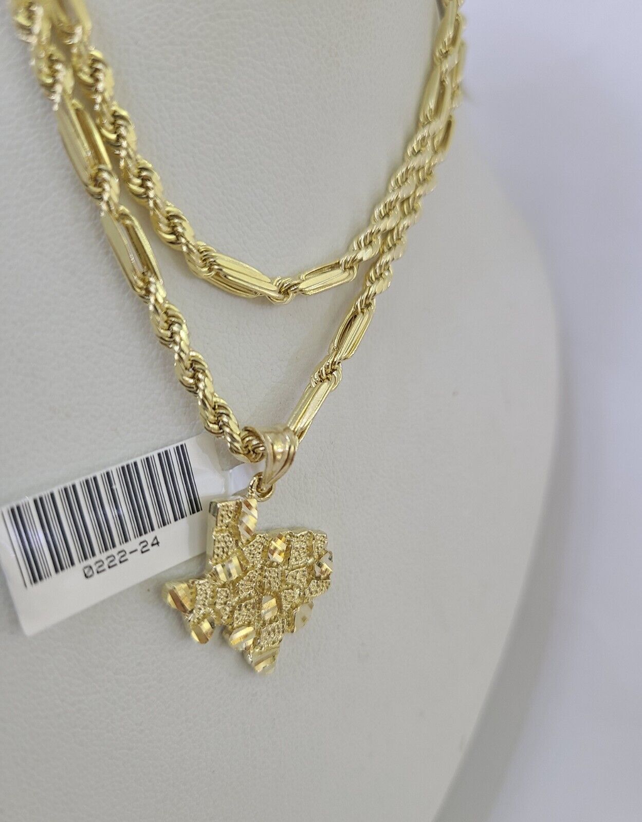 10k Milano Rope Chain Texas Nugget Charm Necklace SET 3mm 18" 20" 22" 24 Pendant - GoldenlinQ