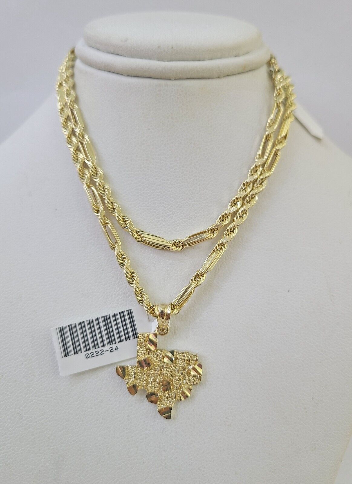 10k Milano Rope Chain Texas Nugget Charm Necklace SET 3mm 18" 20" 22" 24 Pendant - GoldenlinQ