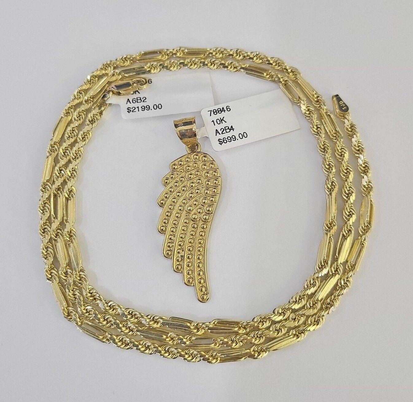 10k Milano Rope Chain Wings Charm Necklace SET 3mm 18" 20" 22" 24" - GoldenlinQ