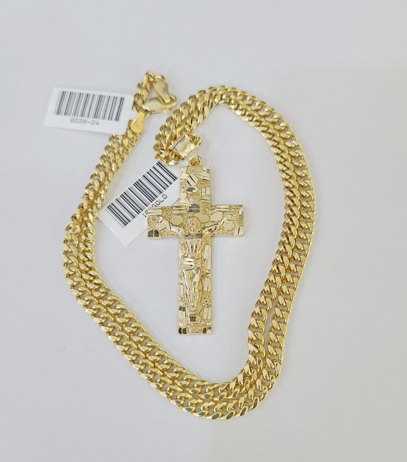 10k Nugget Cross Charm Miami Cuban Chain 4mm 22 inch SET Yellow Gold - GoldenlinQ