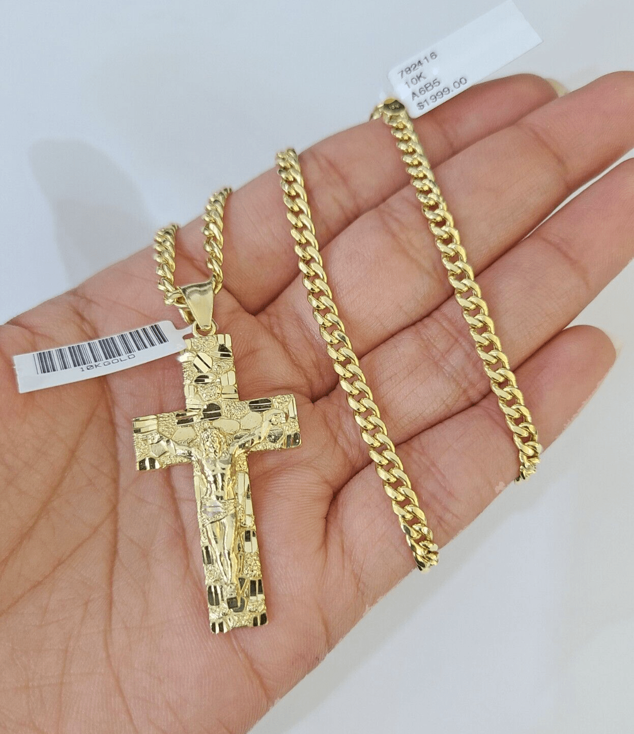 10k Nugget Cross Charm Miami Cuban Chain 4mm 22 inch SET Yellow Gold - GoldenlinQ