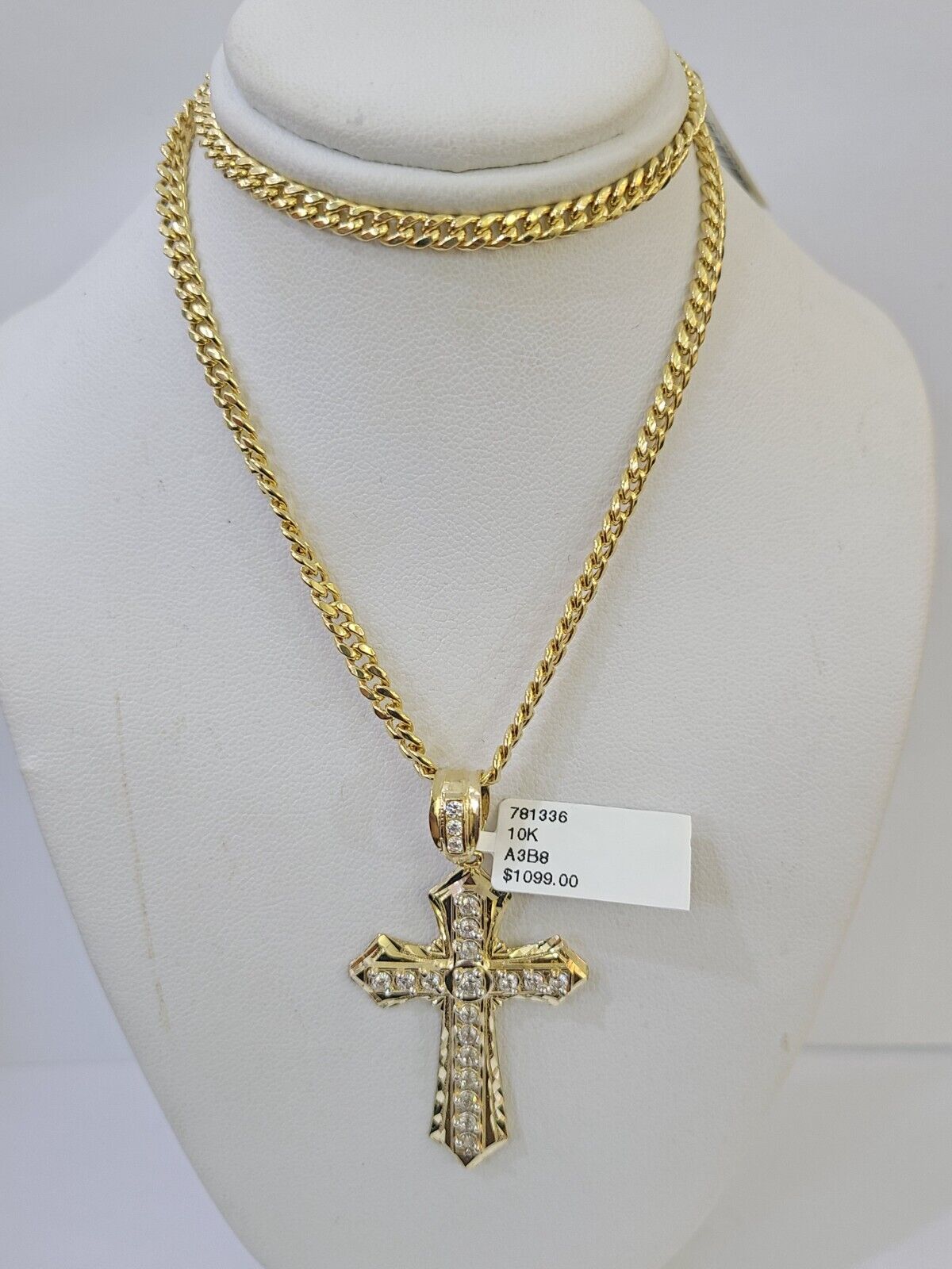 10k Nugget Cross Charm Miami Cuban Chain 4mm 22 inch SET Yellow Gold - GoldenlinQ