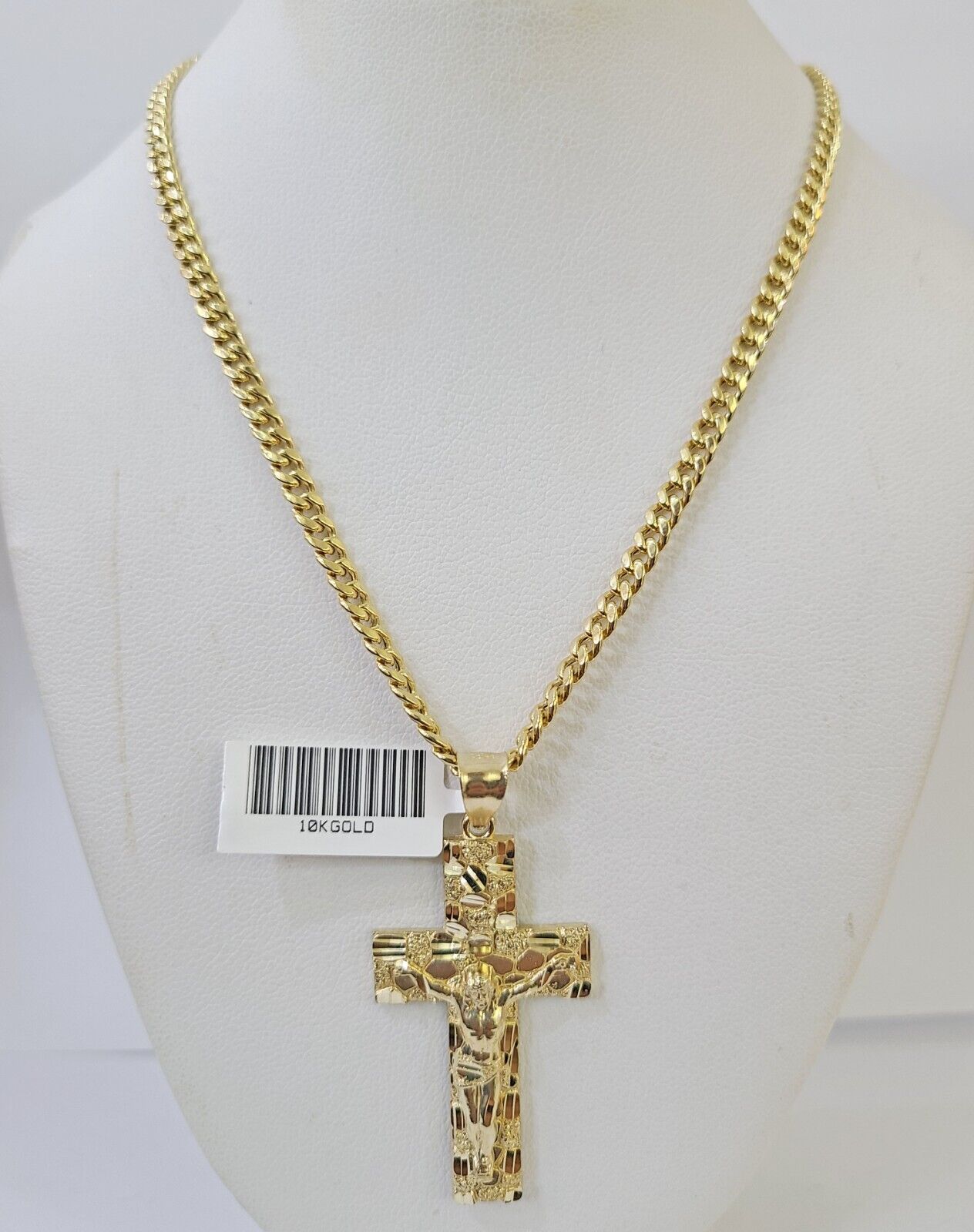 10k Nugget Cross Charm Miami Cuban Chain 4mm 22 inch SET Yellow Gold - GoldenlinQ