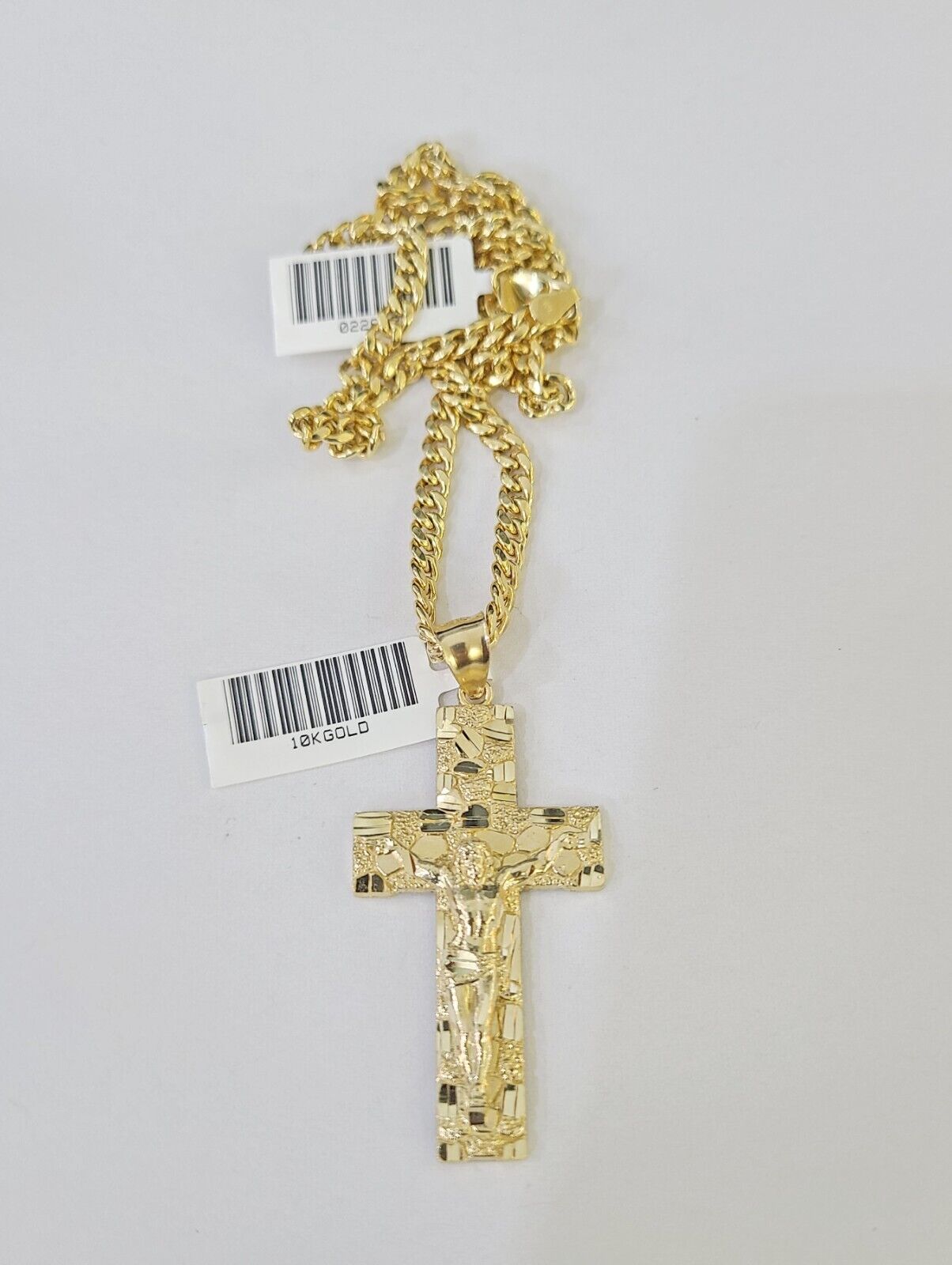 10k Nugget Cross Charm Miami Cuban Chain 4mm 22 inch SET Yellow Gold - GoldenlinQ