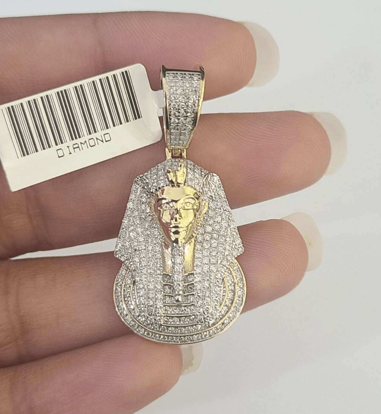 10k Pharaoh Head Diamond Pendant Charm Yellow Gold Men Women Real 10Kt 1.5 inch - GoldenlinQ