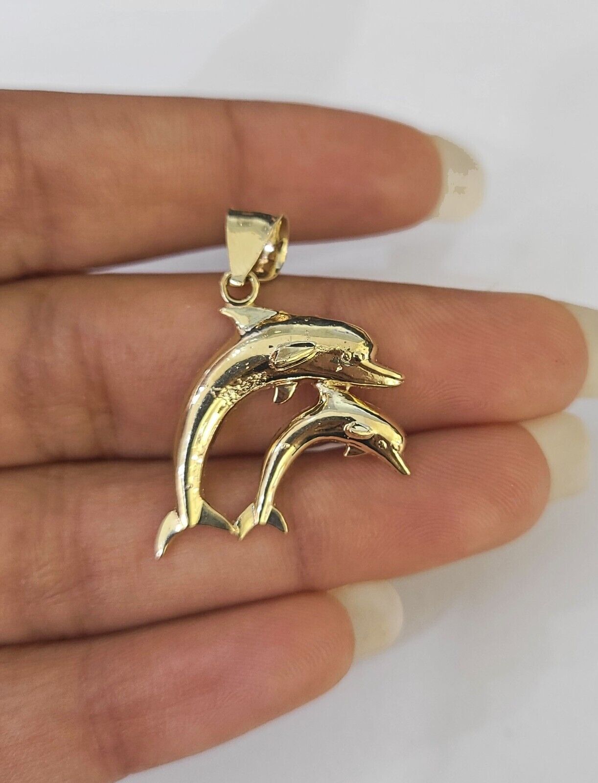 10K Real Dolphin Charm Pendant Yellow Gold 1" Genuine - GoldenlinQ
