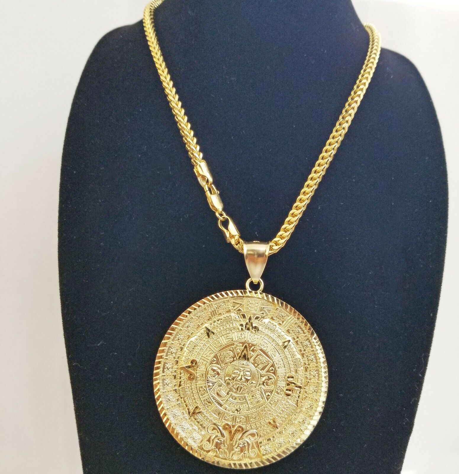 10k Real Gold Aztec Calendar Pendant Charm 3mm 20" 22" 24" Franco Chain - GoldenlinQ