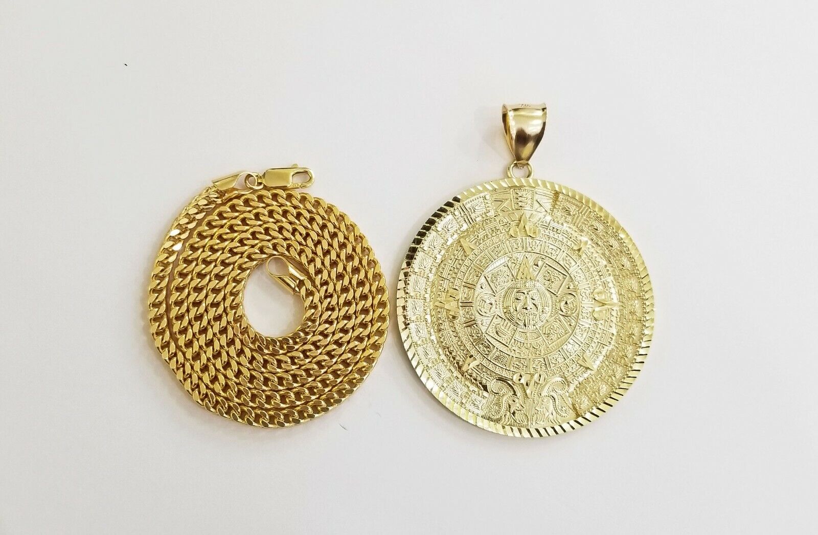 10k Real Gold Aztec Calendar Pendant Charm 3mm 20" 22" 24" Franco Chain - GoldenlinQ