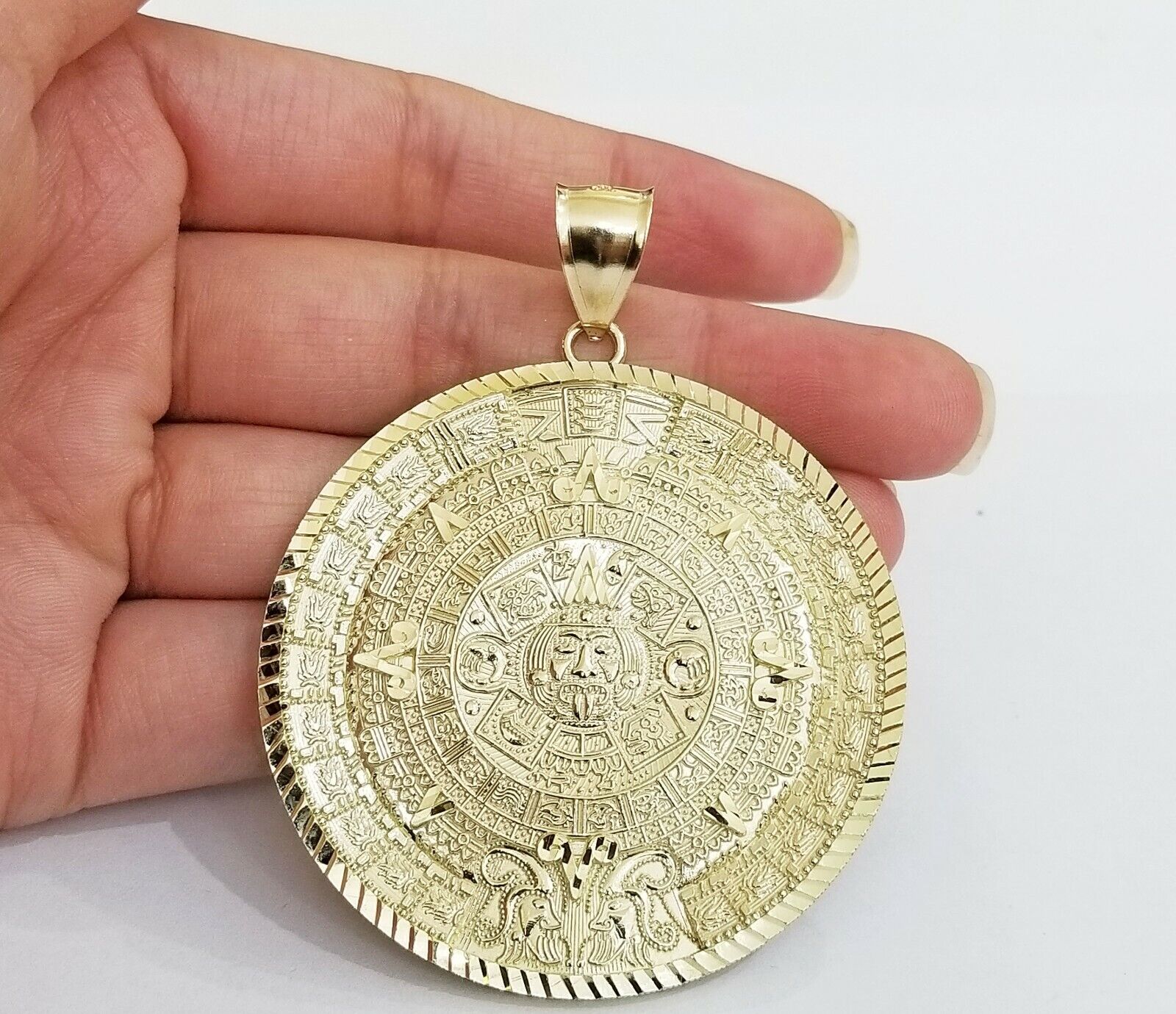 10k Real Gold Aztec Calendar Pendant Charm 3mm 20" 22" 24" Franco Chain - GoldenlinQ