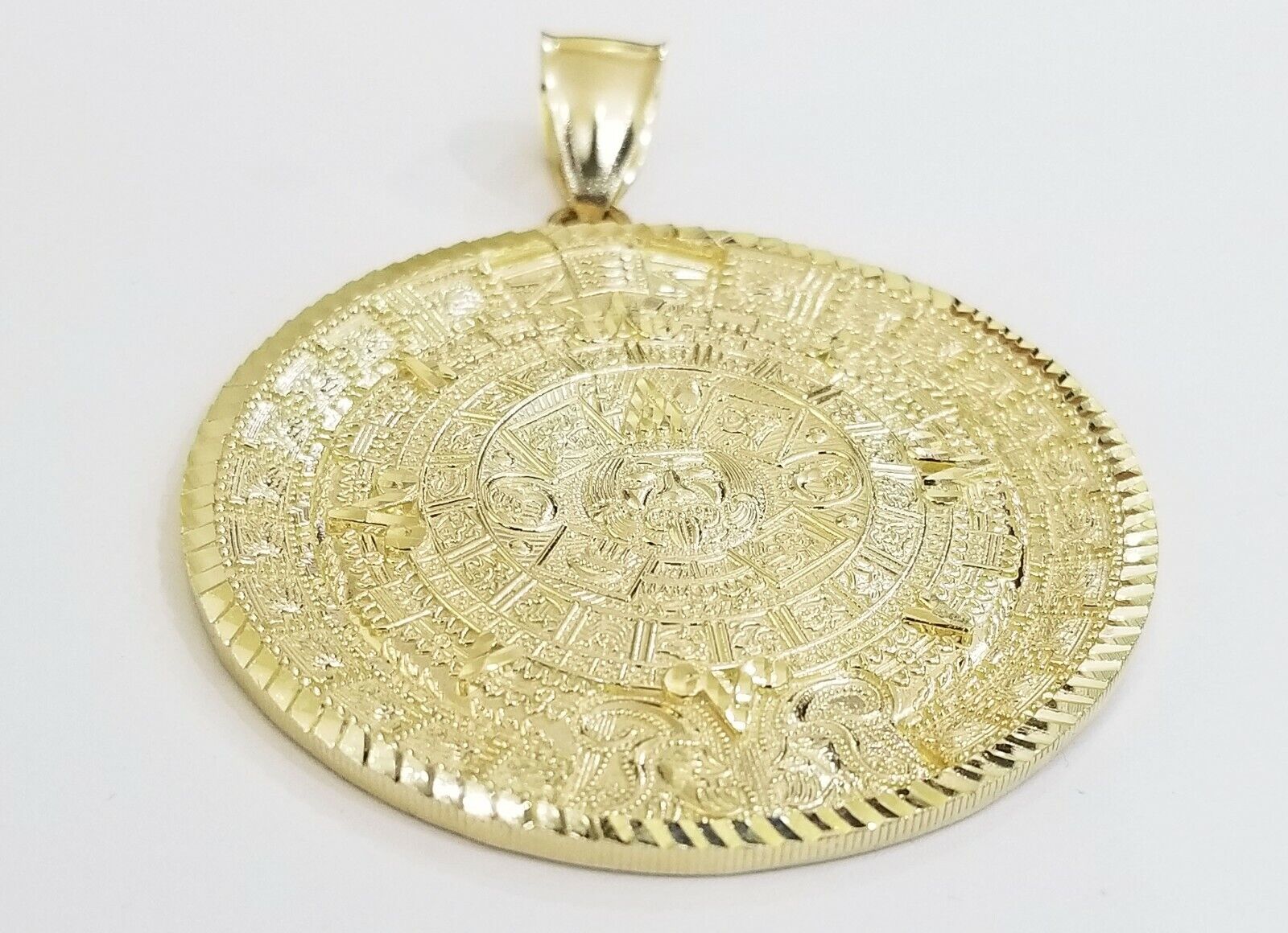 10k Real Gold Aztec Calendar Pendant Charm 3mm 20" 22" 24" Franco Chain - GoldenlinQ