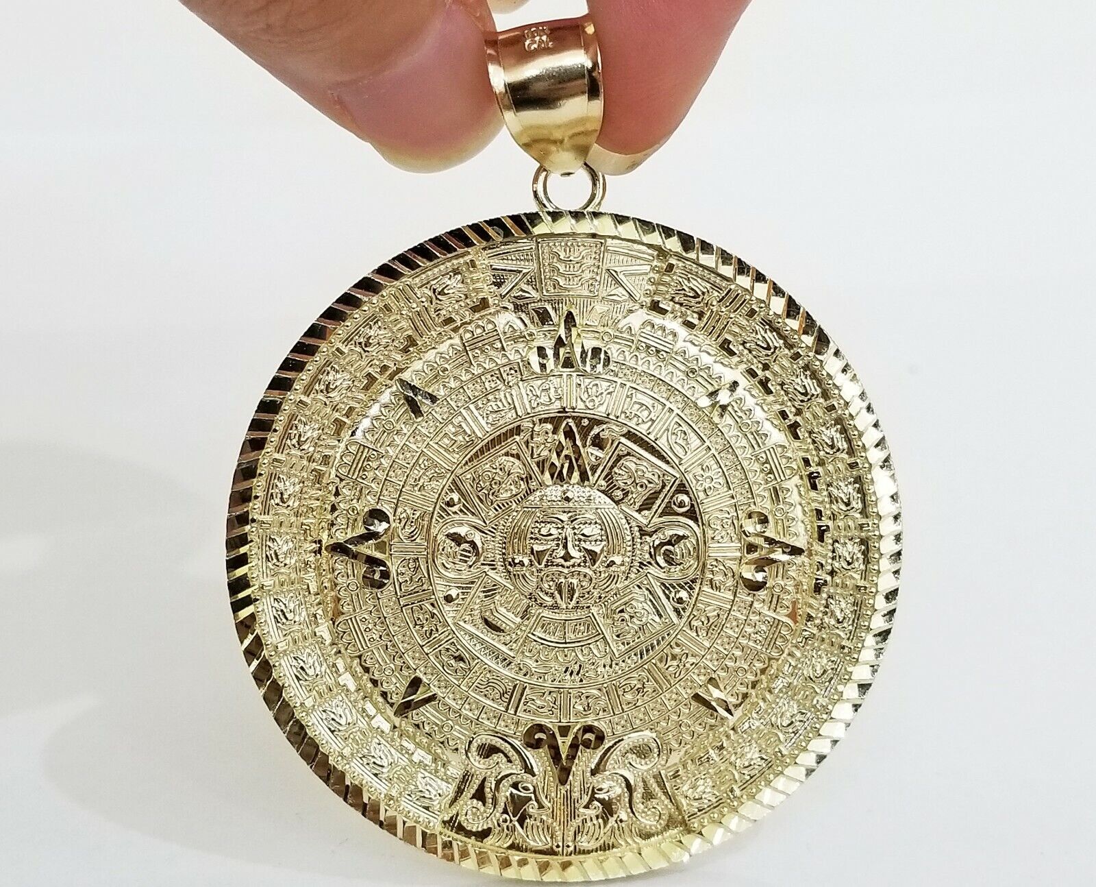 10k Real Gold Aztec Calendar Pendant Charm 3mm 20" 22" 24" Franco Chain - GoldenlinQ