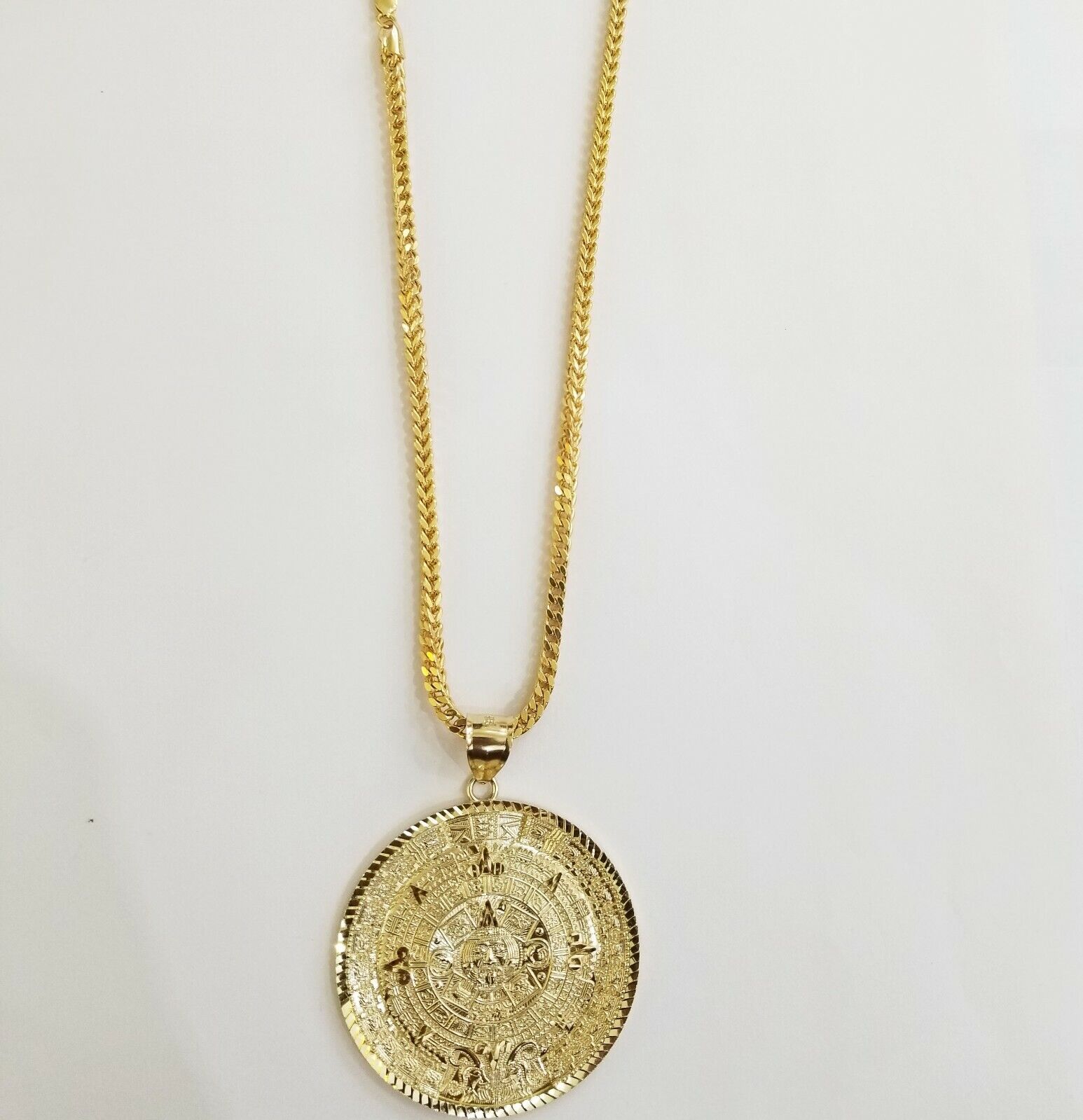 10k Real Gold Aztec Calendar Pendant Charm 3mm 20" 22" 24" Franco Chain - GoldenlinQ