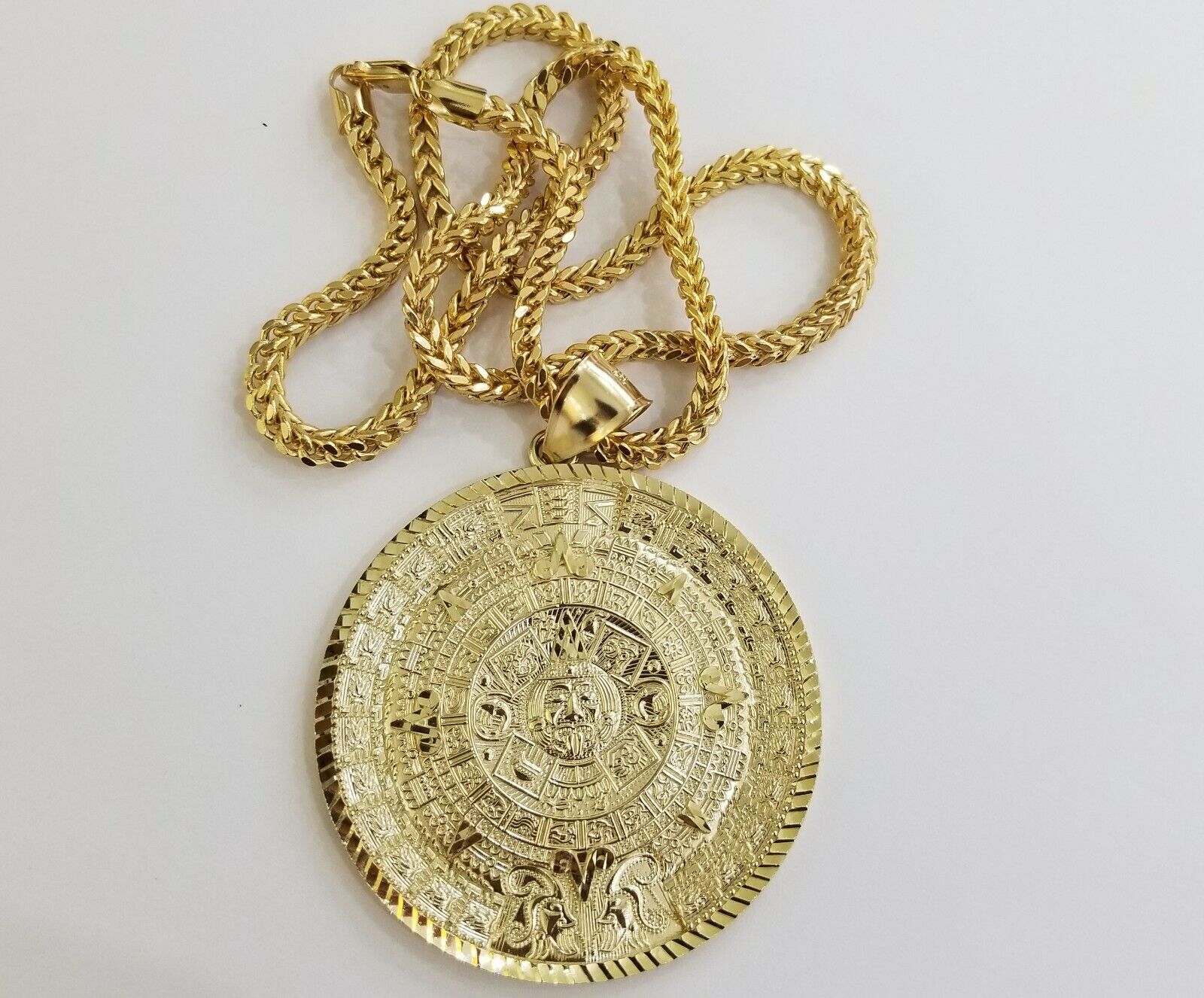 10k Real Gold Aztec Calendar Pendant Charm 3mm 20" 22" 24" Franco Chain - GoldenlinQ