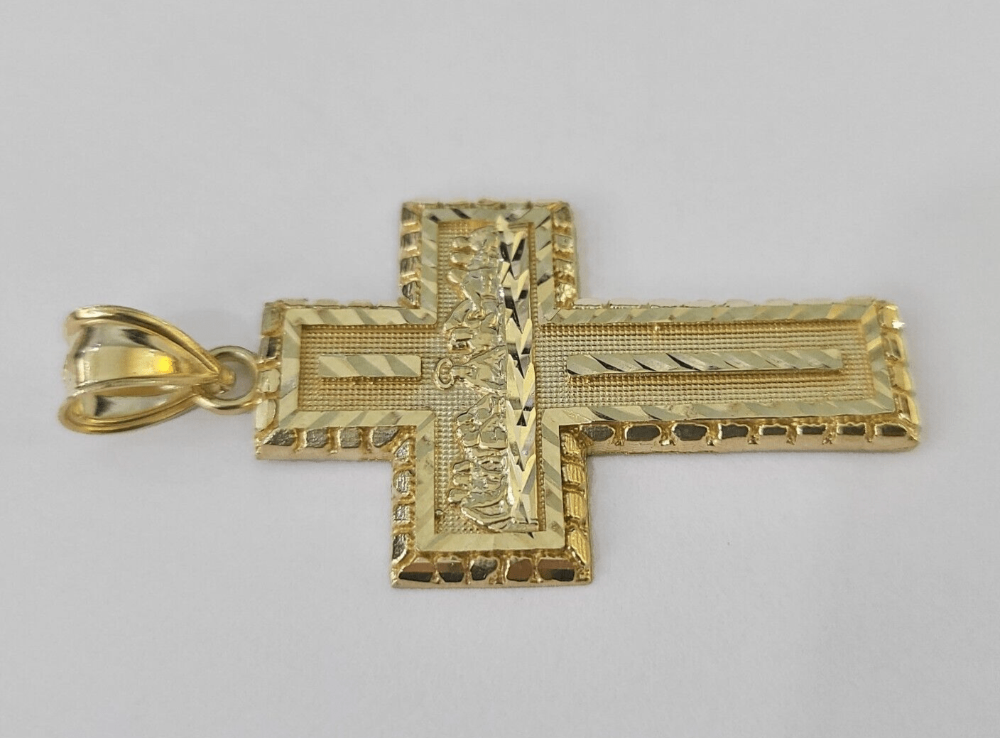 10k Real Last Supper Cross Charm Pendant Yellow Gold Men Women Diamond cuts 2" - GoldenlinQ