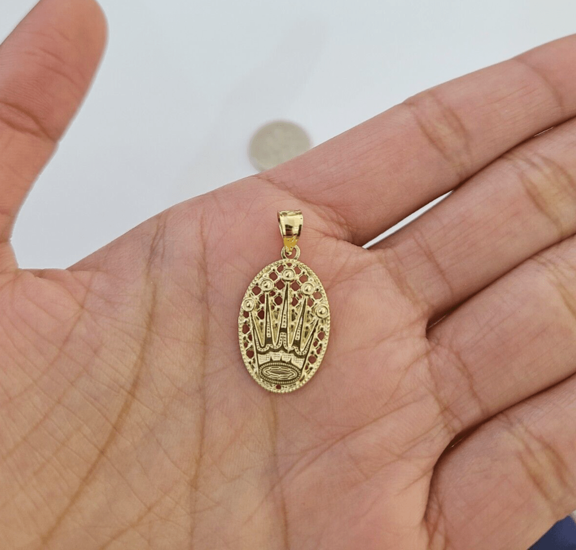 10K Real Yellow Gold Crown Circular Charm Pendant Gold 10kt - GoldenlinQ