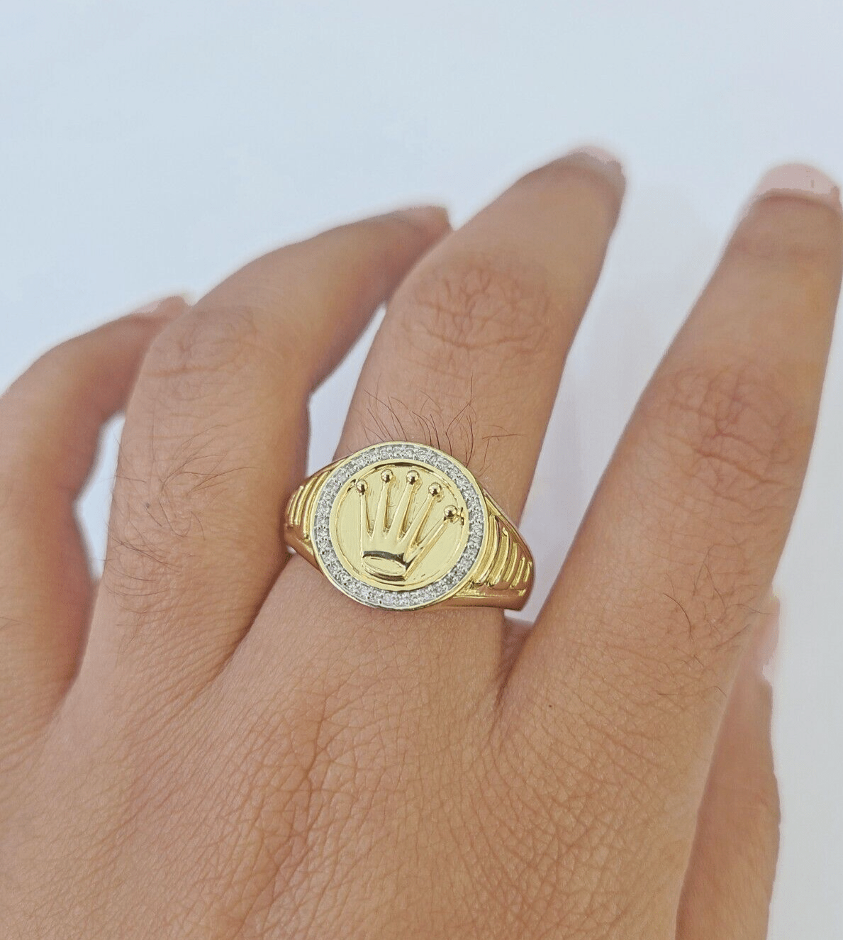 10k Real yellow Gold Diamond Crown Ring men casual Circular ring - GoldenlinQ