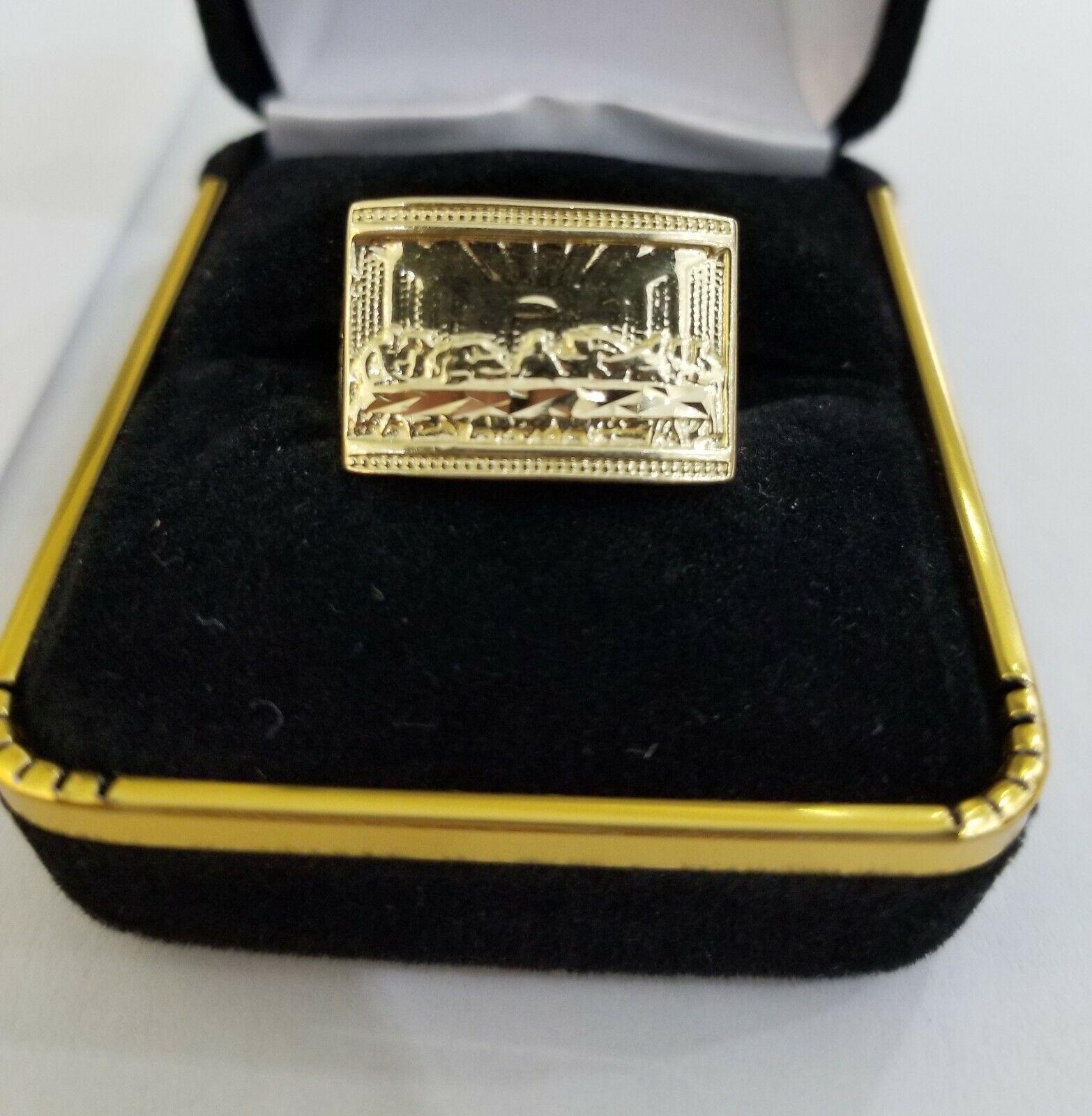 10k Real Yellow Gold Last Supper Ring Men Ring Size 10 Sizable Cross design - GoldenlinQ