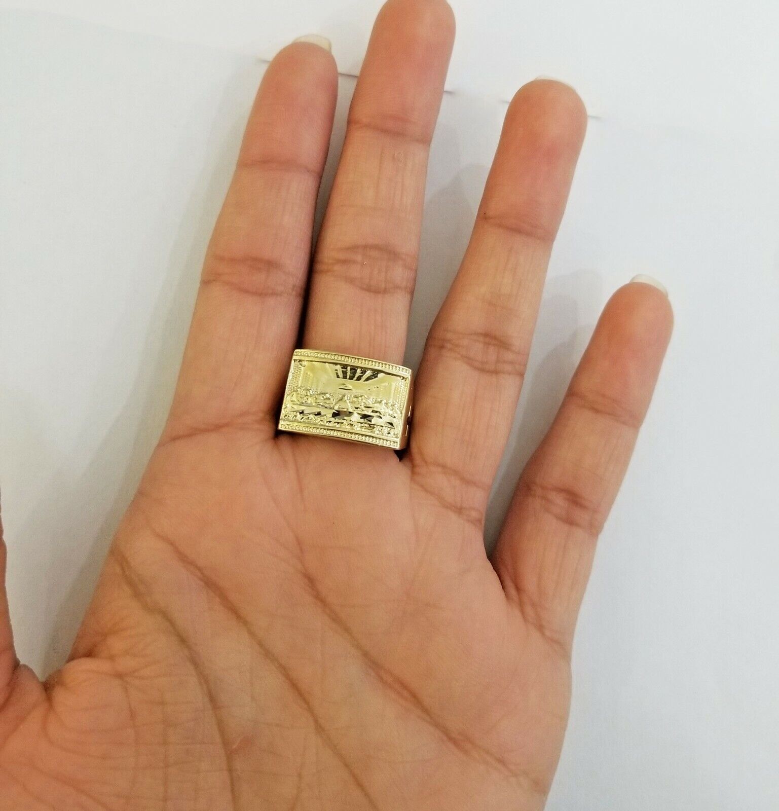 10k Real Yellow Gold Last Supper Ring Men Ring Size 10 Sizable Cross design - GoldenlinQ