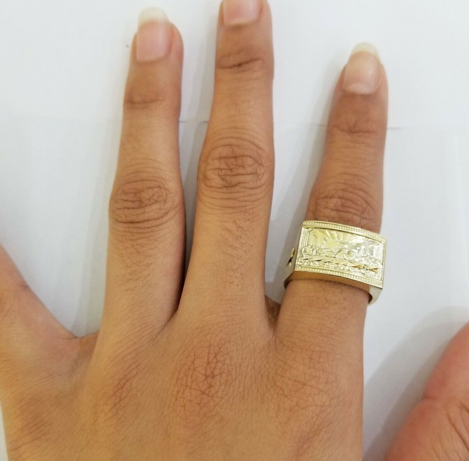 10k Real Yellow Gold Last Supper Ring Men Ring Size 10 Sizable Cross design - GoldenlinQ