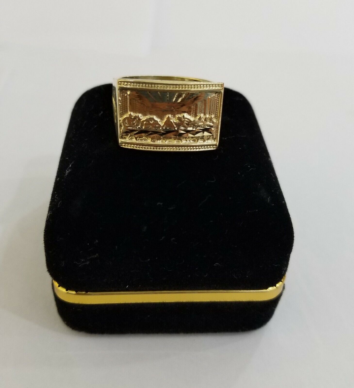 10k Real Yellow Gold Last Supper Ring Men Ring Size 10 Sizable Cross design - GoldenlinQ