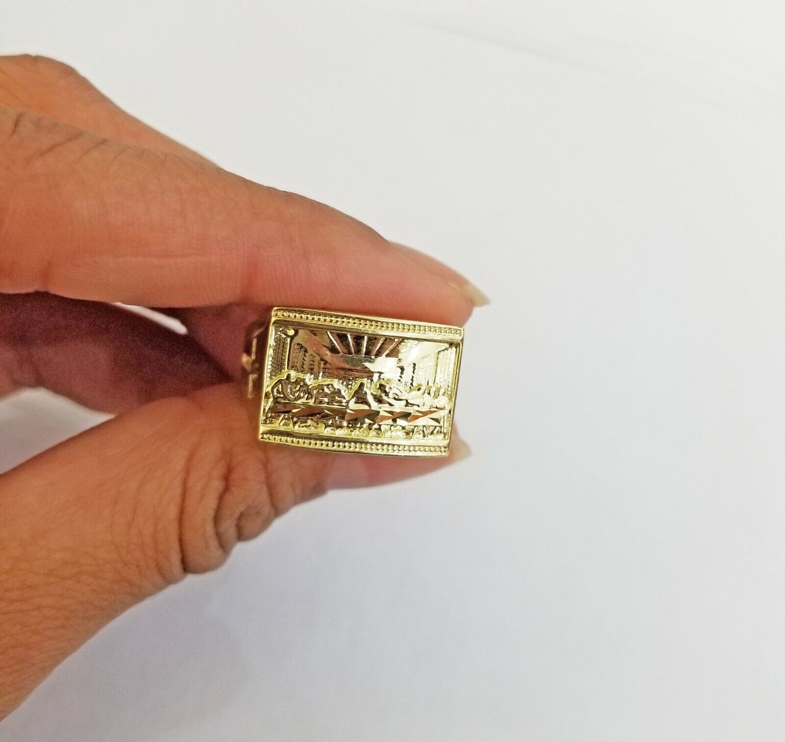 10k Real Yellow Gold Last Supper Ring Men Ring Size 10 Sizable Cross design - GoldenlinQ