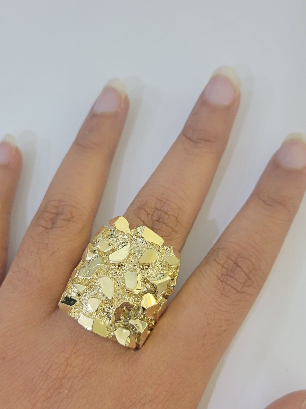 10k Real yellow Gold Nugget Ring men casual Rectangle gold ring 10kt - GoldenlinQ