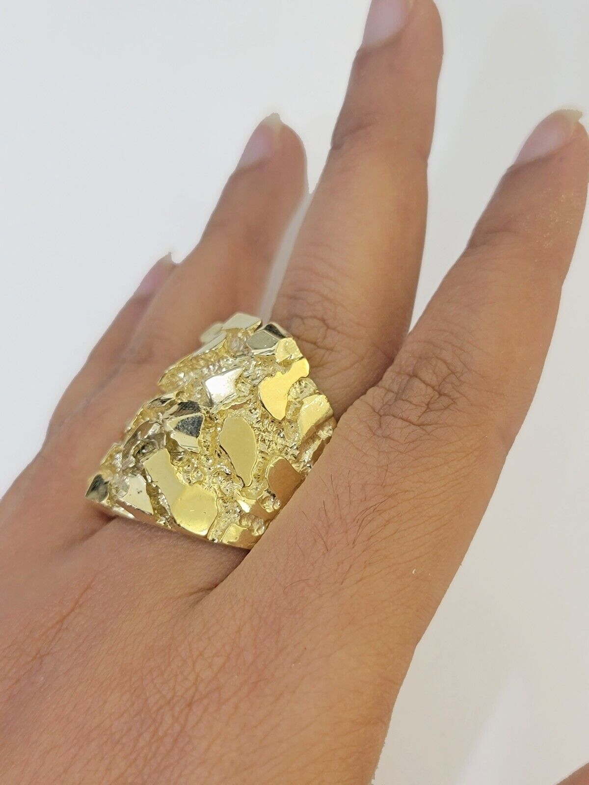 10k Real yellow Gold Nugget Ring men casual Rectangle gold ring 10kt - GoldenlinQ