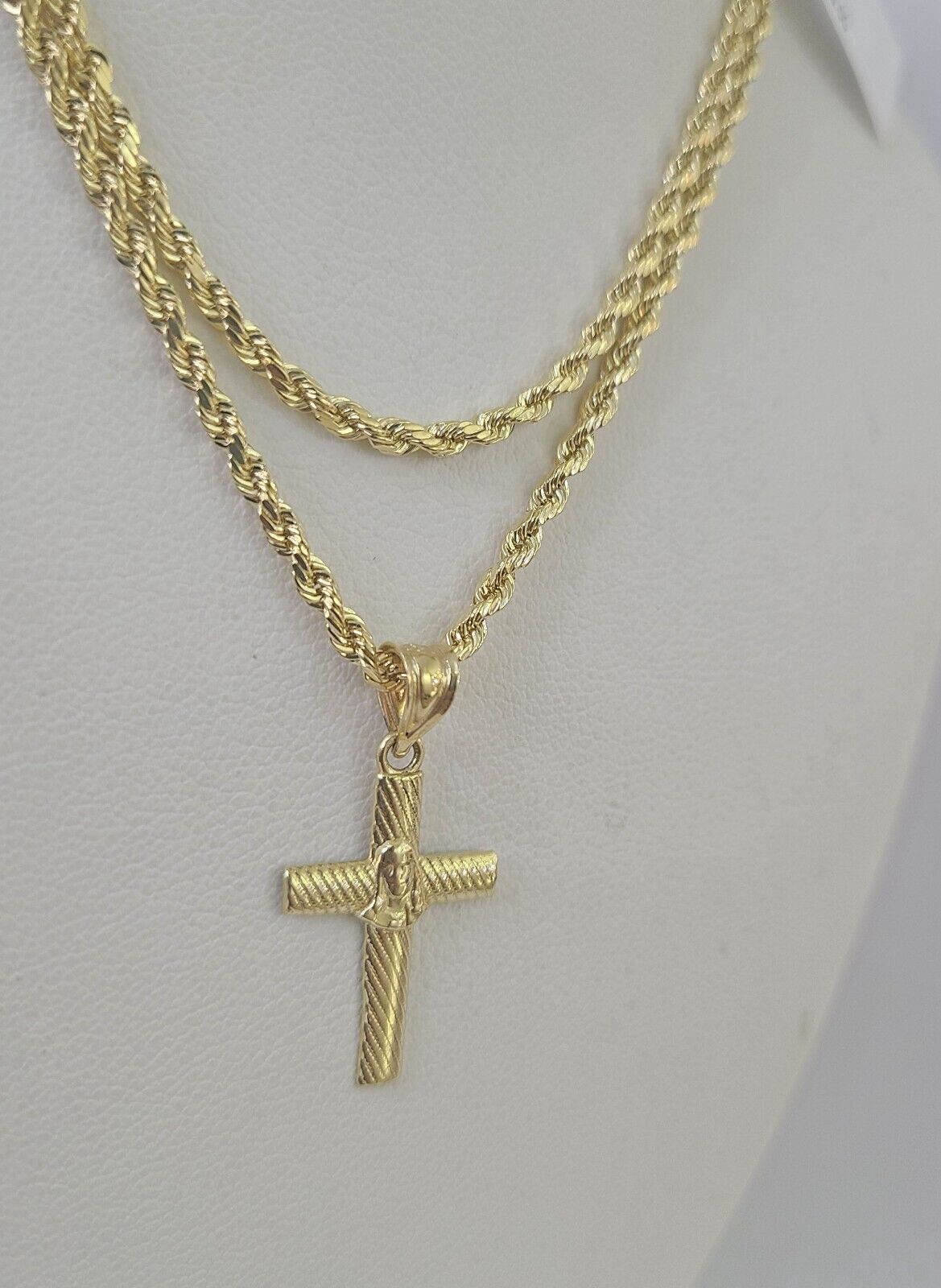 10k Rope Chain Jesus Cross Pendant 18" - 30" Set Charm Necklace Yellow Gold - GoldenlinQ