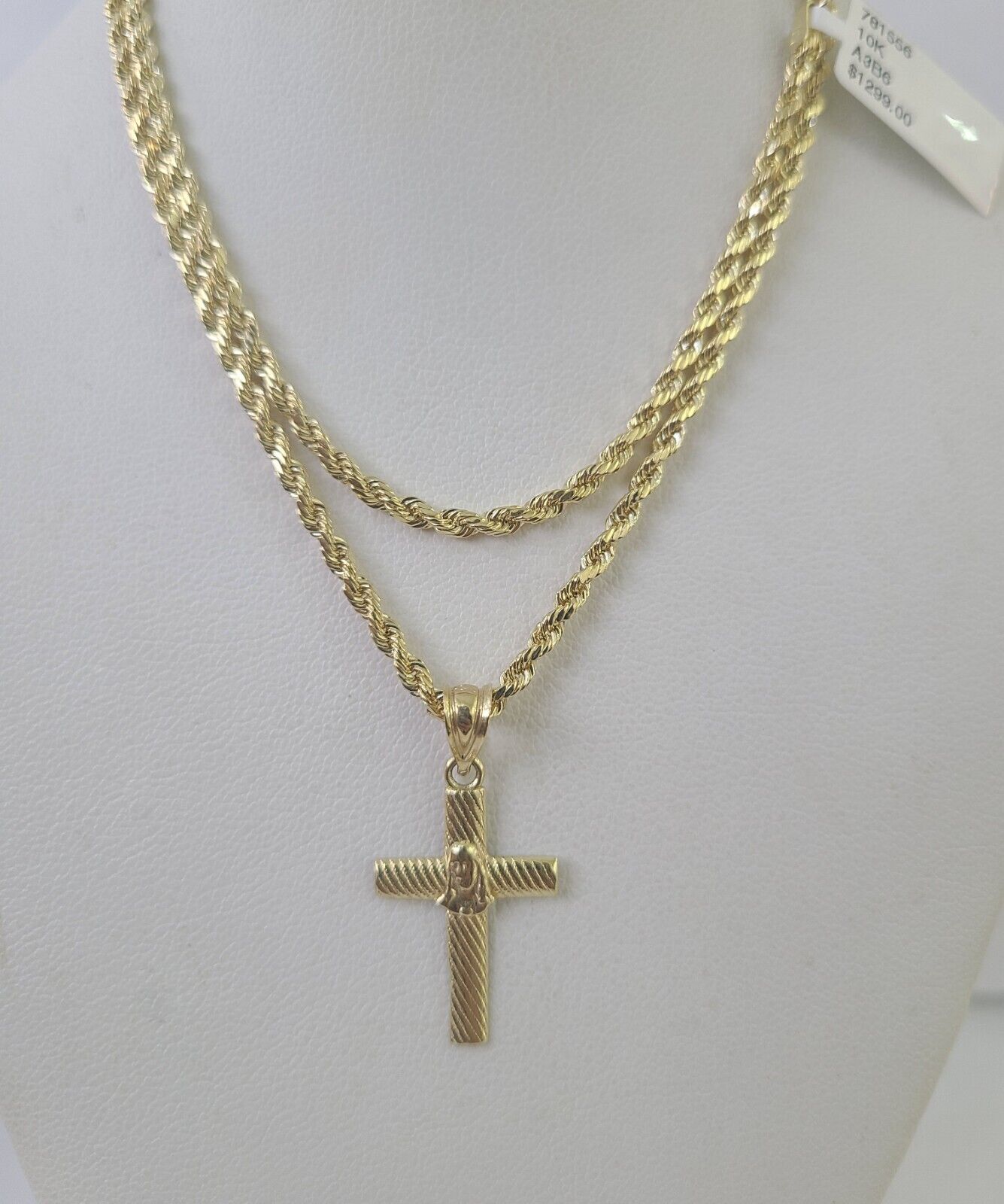 10k Rope Chain Jesus Cross Pendant 18" - 30" Set Charm Necklace Yellow Gold - GoldenlinQ