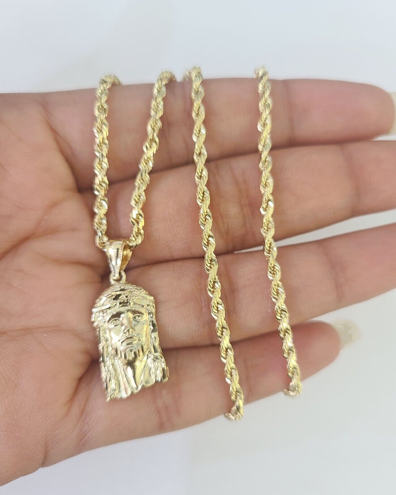 10k Rope Chain Jesus Head Pendant 18" - 30" Yellow Gold Set Charm Necklace 3mm - GoldenlinQ