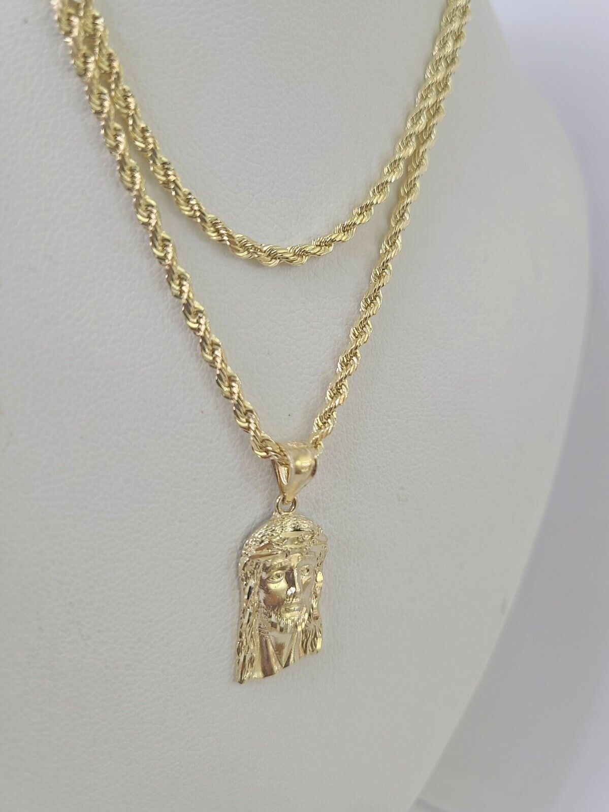 10k Rope Chain Jesus Head Pendant 18" - 30" Yellow Gold Set Charm Necklace 3mm - GoldenlinQ