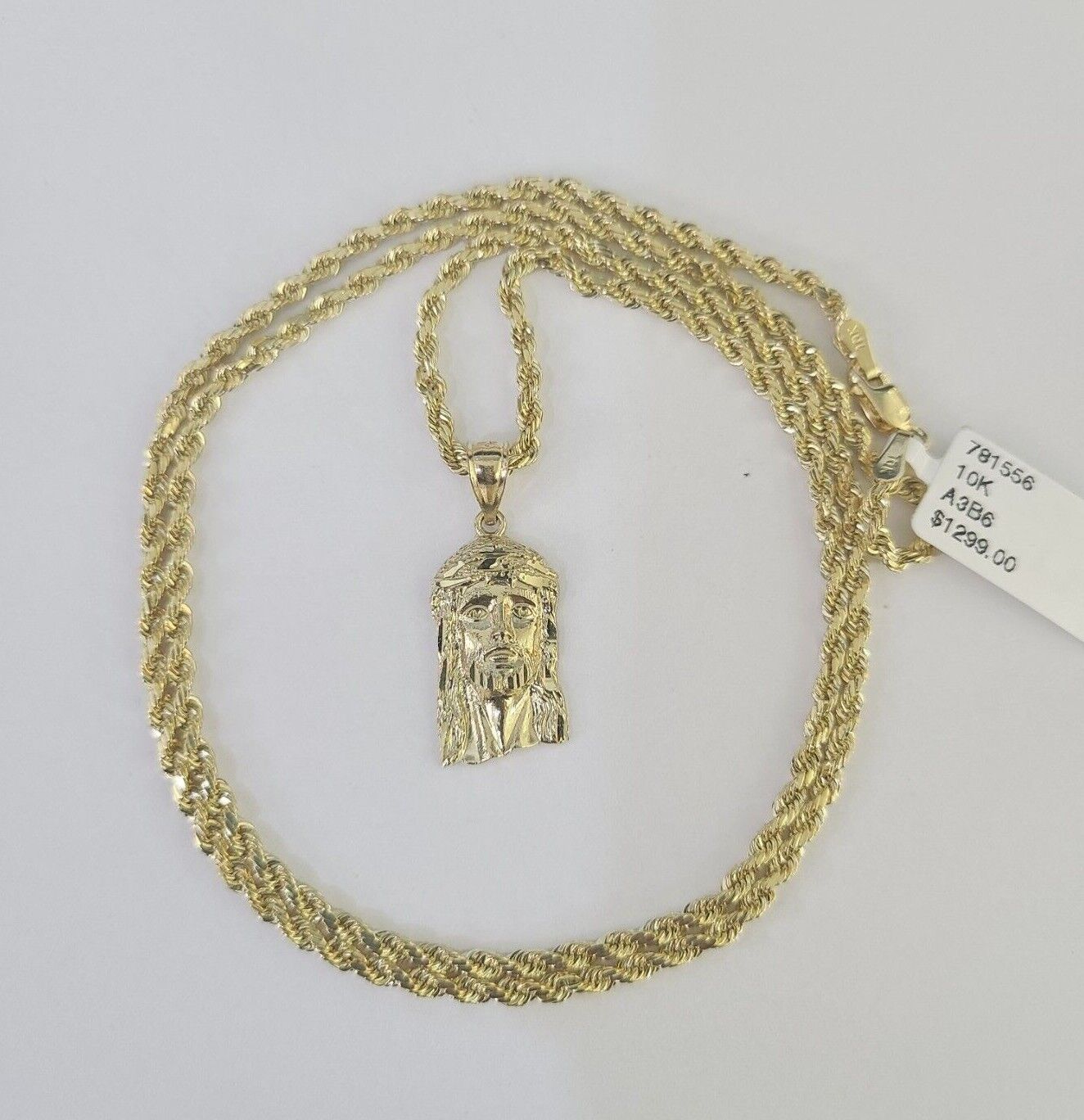 10k Rope Chain Jesus Head Pendant 18" - 30" Yellow Gold Set Charm Necklace 3mm - GoldenlinQ